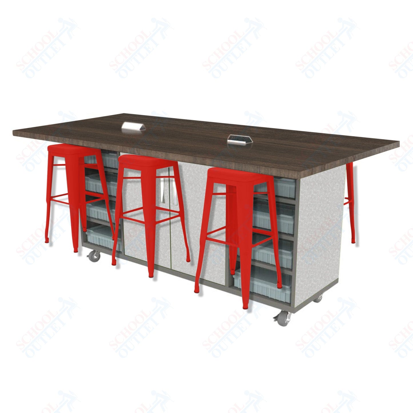 CEF ED Double Table 42"H High Pressure Laminate Top, Laminate Base with 6 Stools, Storage bins, and Electrical Outlets Included.