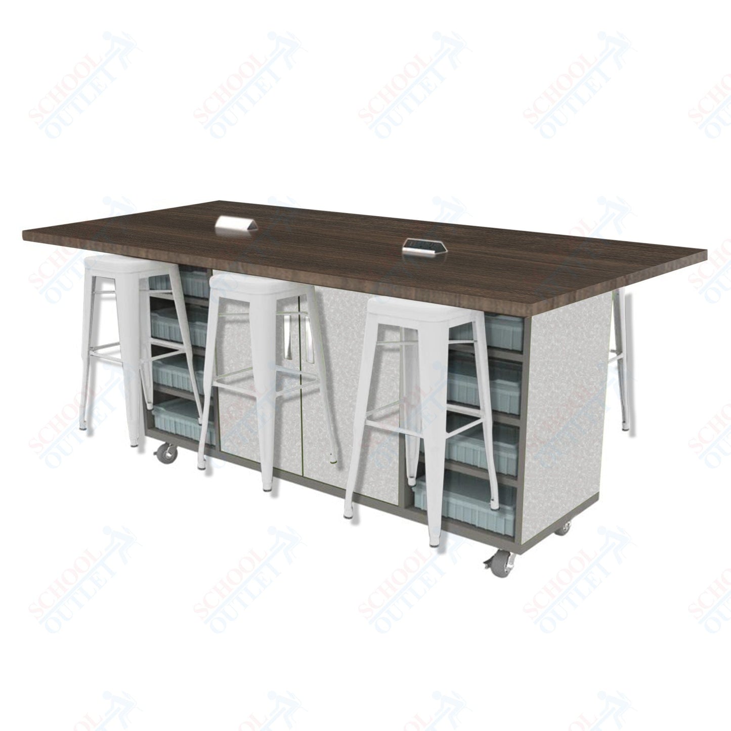 CEF ED Double Table 42"H High Pressure Laminate Top, Laminate Base with 6 Stools, Storage bins, and Electrical Outlets Included.