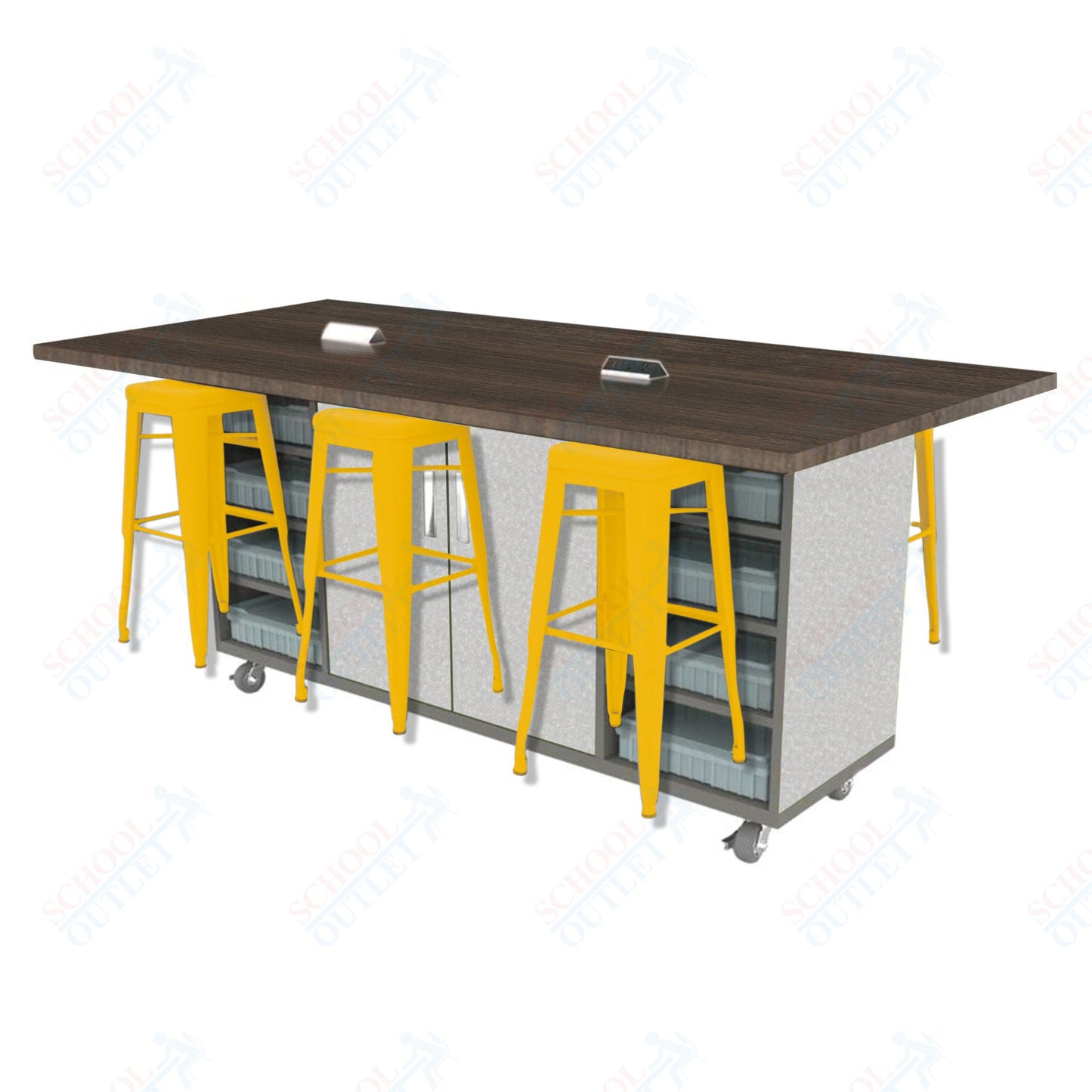 CEF ED Double Table 42"H High Pressure Laminate Top, Laminate Base with 6 Stools, Storage bins, and Electrical Outlets Included.