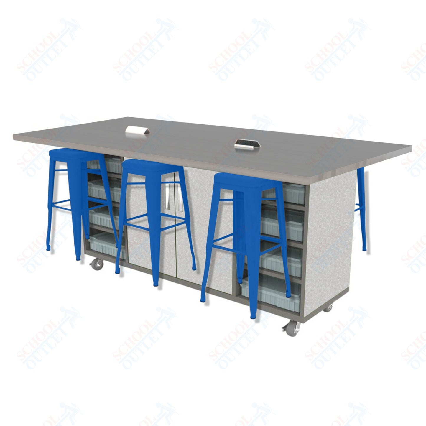 CEF ED Double Table 42"H High Pressure Laminate Top, Laminate Base with 6 Stools, Storage bins, and Electrical Outlets Included.