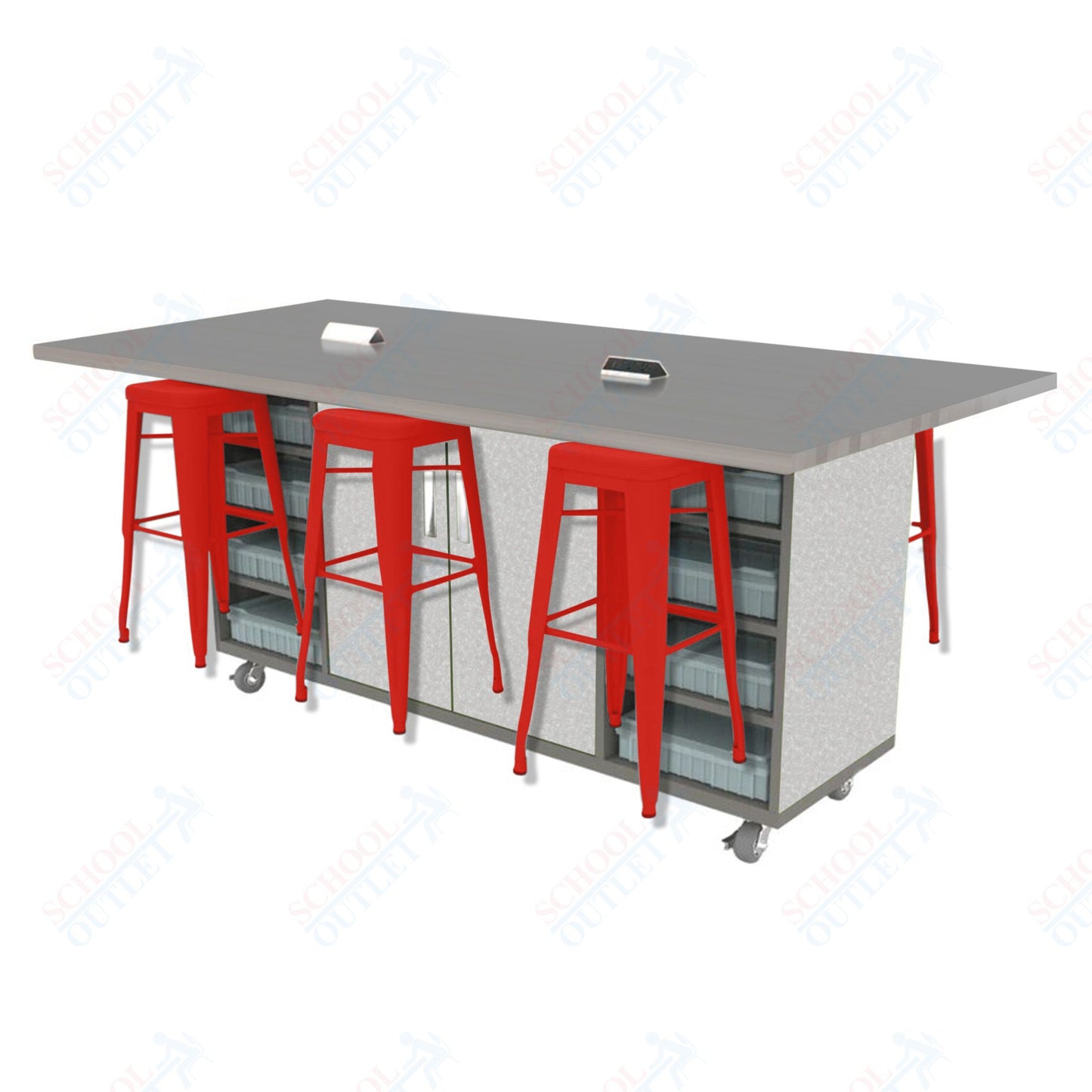 CEF ED Double Table 42"H High Pressure Laminate Top, Laminate Base with 6 Stools, Storage bins, and Electrical Outlets Included.