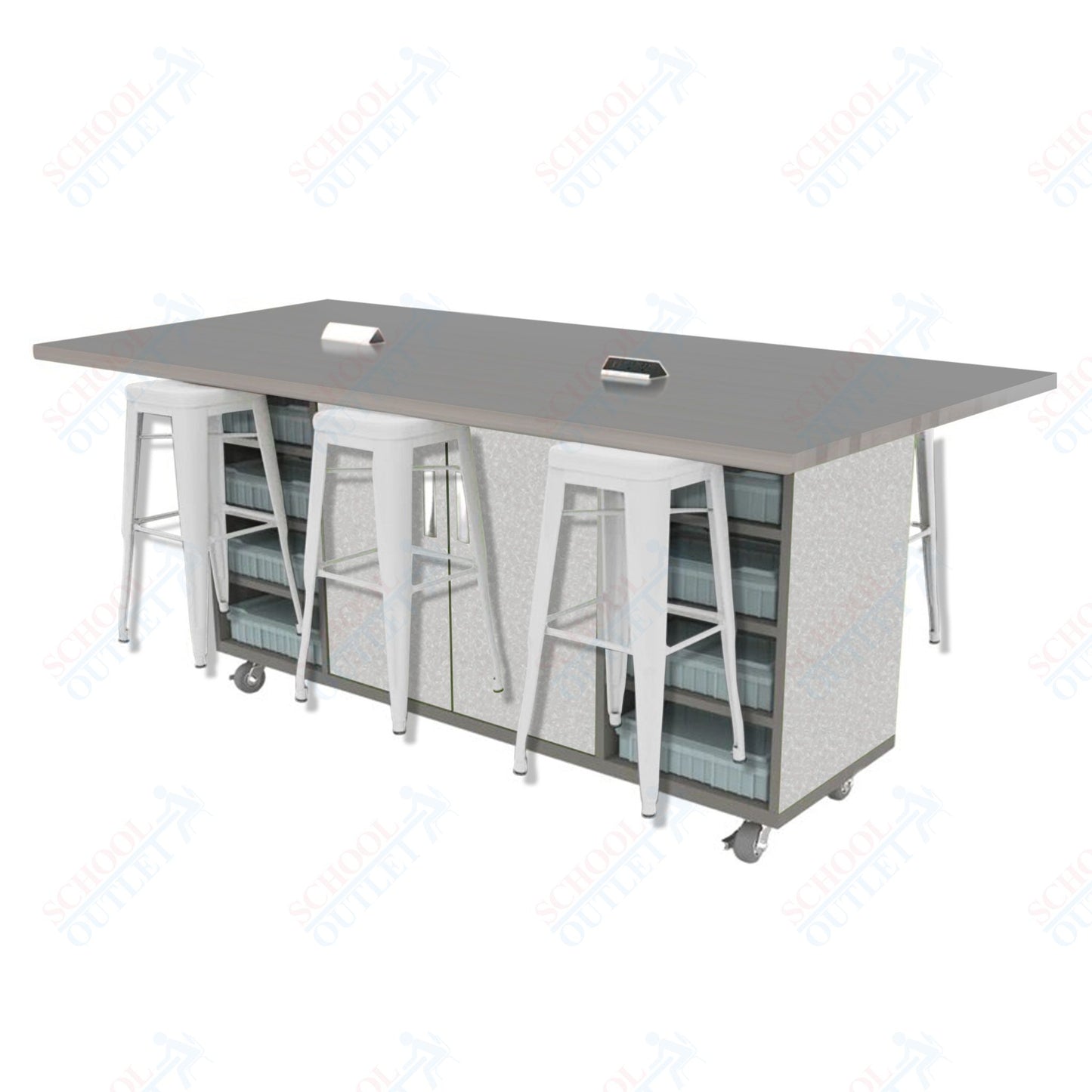 CEF ED Double Table 42"H High Pressure Laminate Top, Laminate Base with 6 Stools, Storage bins, and Electrical Outlets Included.