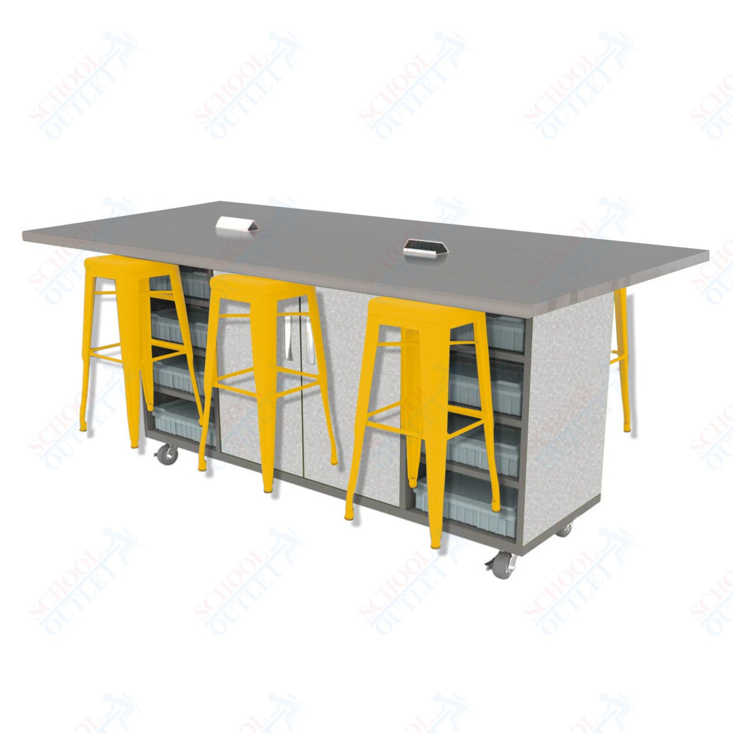 CEF ED Double Table 42"H High Pressure Laminate Top, Laminate Base with 6 Stools, Storage bins, and Electrical Outlets Included.