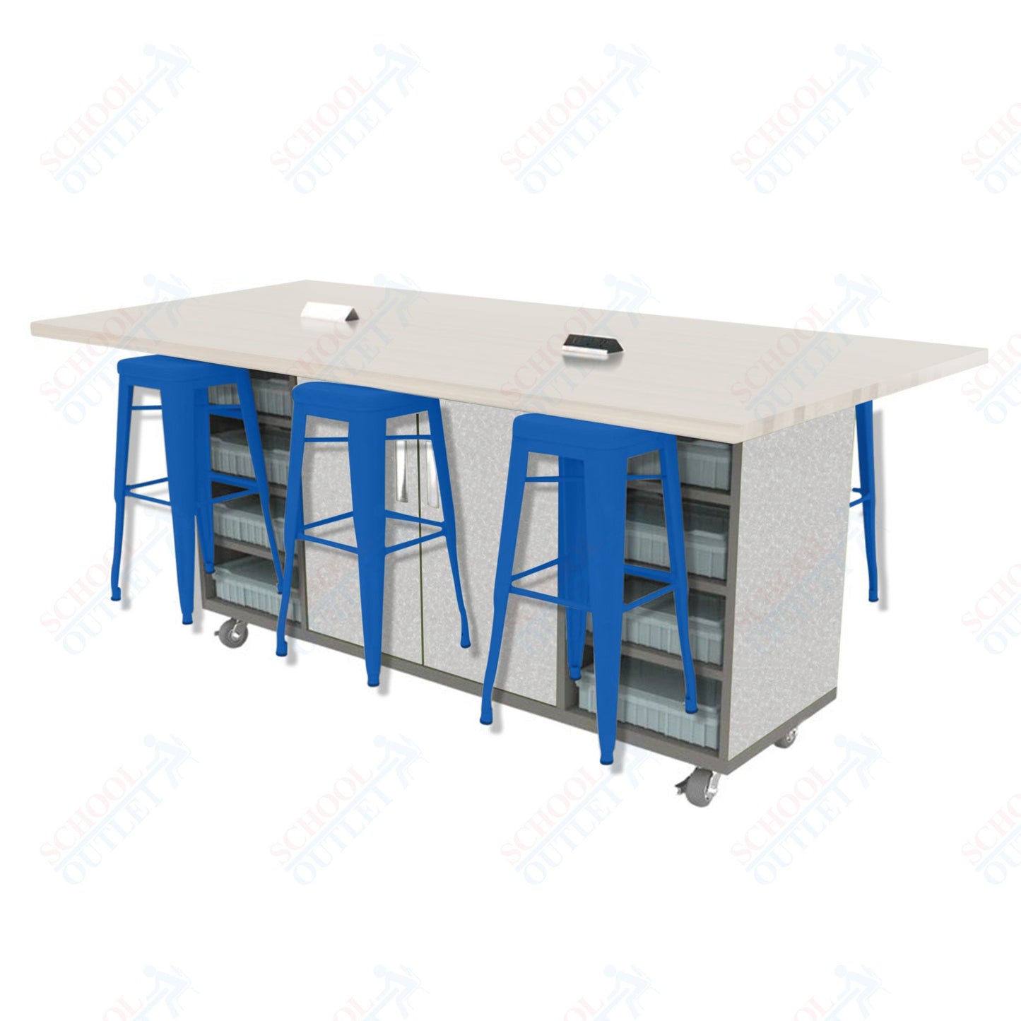 CEF ED Double Table 42"H High Pressure Laminate Top, Laminate Base with 6 Stools, Storage bins, and Electrical Outlets Included.