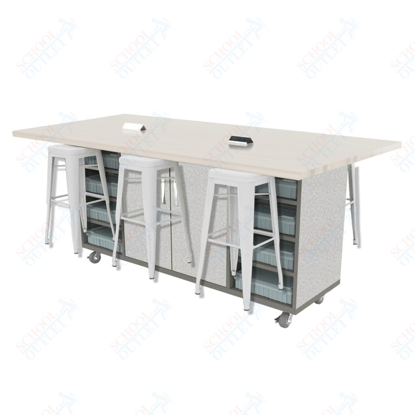 CEF ED Double Table 42"H High Pressure Laminate Top, Laminate Base with 6 Stools, Storage bins, and Electrical Outlets Included.