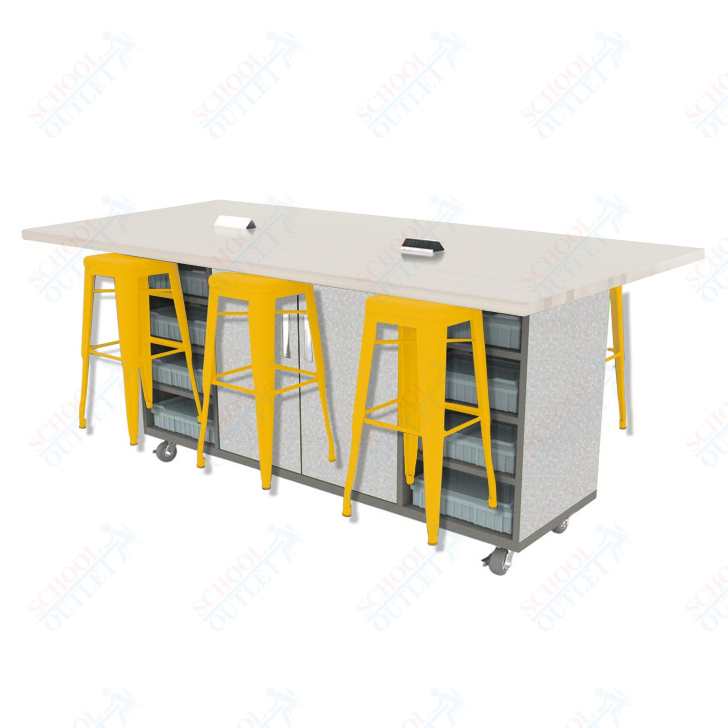 CEF ED Double Table 42"H High Pressure Laminate Top, Laminate Base with 6 Stools, Storage bins, and Electrical Outlets Included.