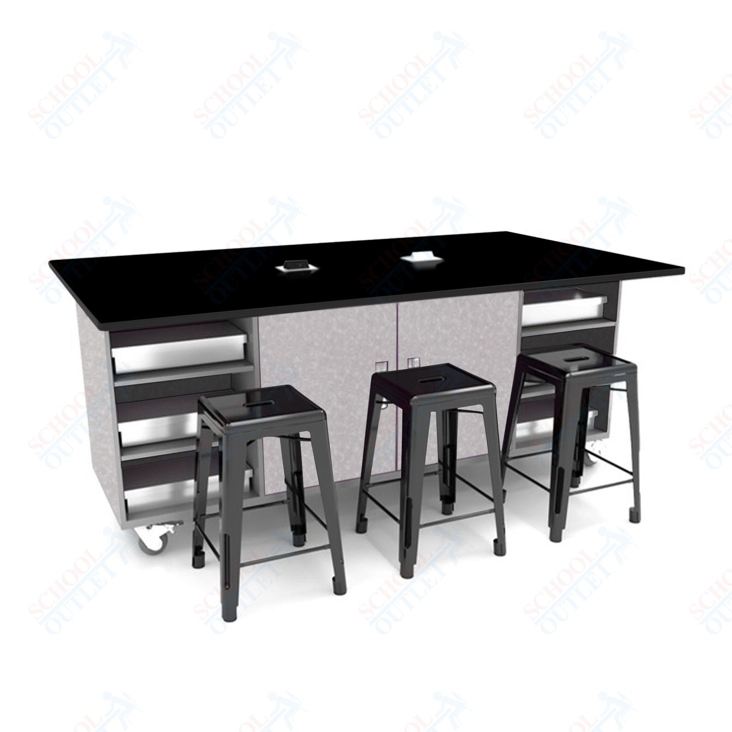 CEF ED Double Table 42"H Tough Top, Laminate Base with  6 Stools, Storage bins, and Electrical Outlets Included.