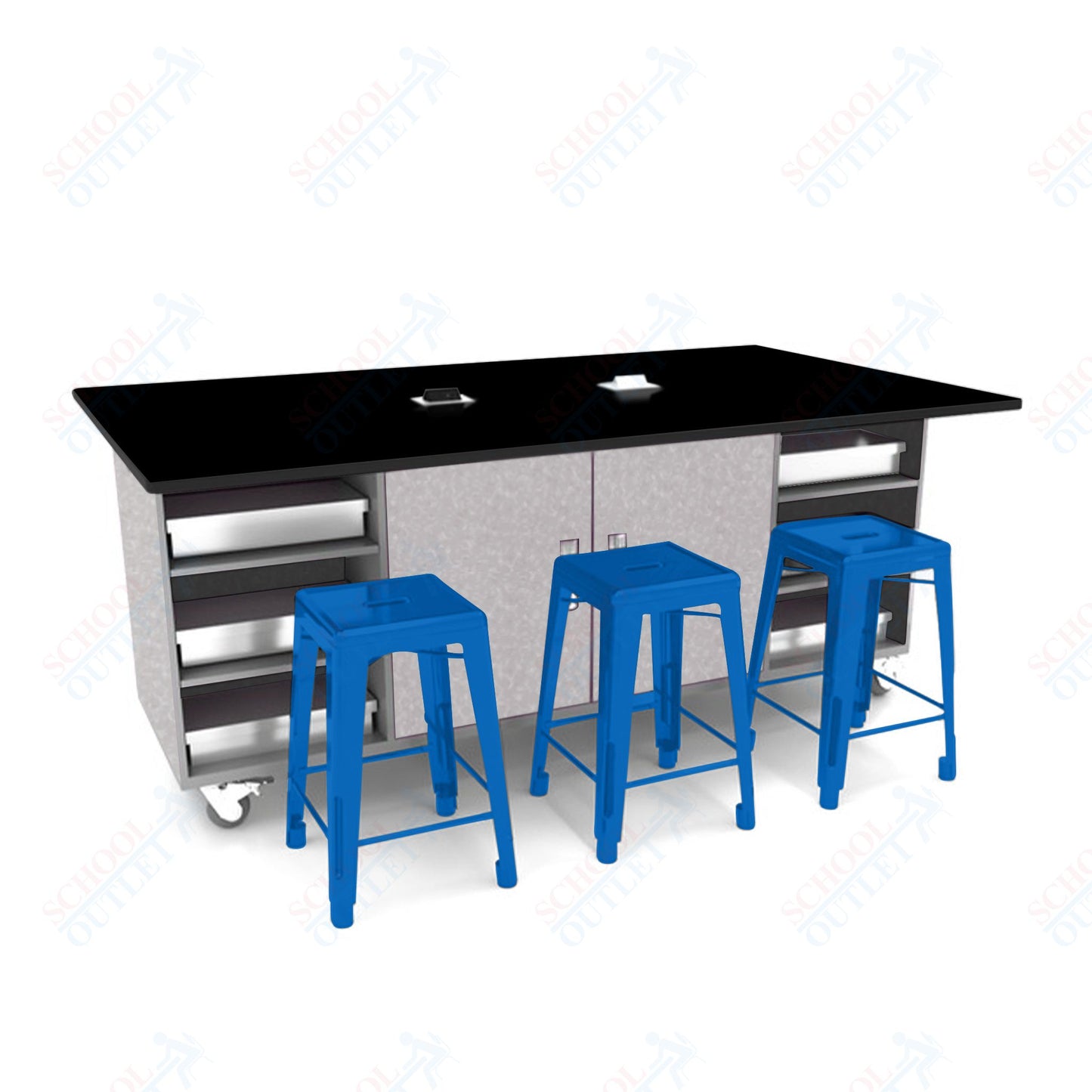 CEF ED Double Table 42"H Tough Top, Laminate Base with  6 Stools, Storage bins, and Electrical Outlets Included.