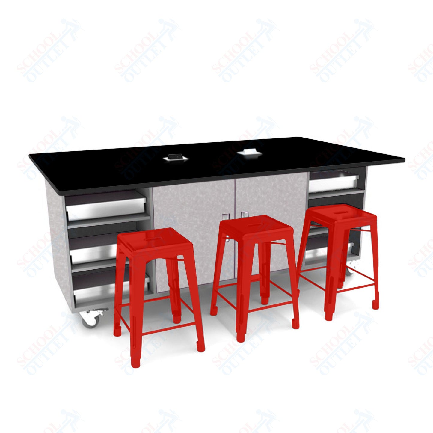 CEF ED Double Table 42"H Tough Top, Laminate Base with  6 Stools, Storage bins, and Electrical Outlets Included.