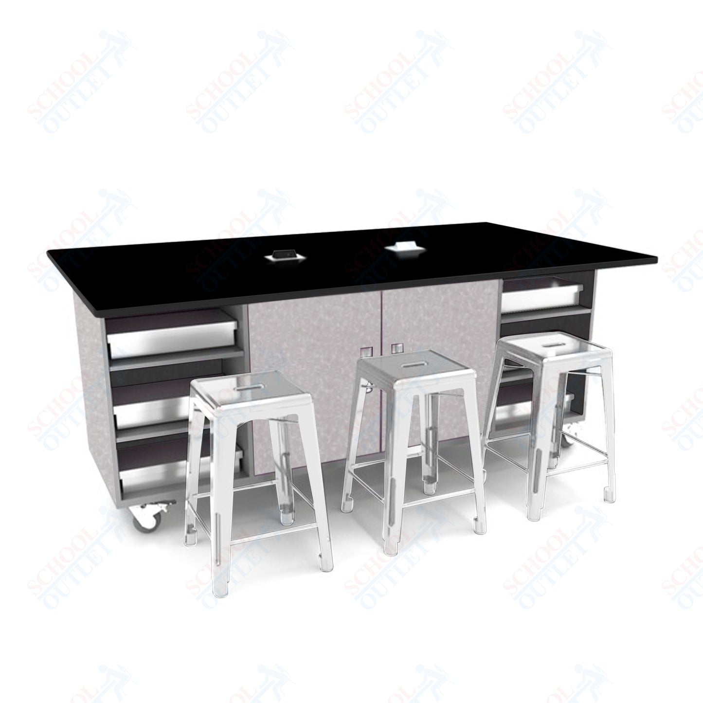 CEF ED Double Table 42"H Tough Top, Laminate Base with  6 Stools, Storage bins, and Electrical Outlets Included.