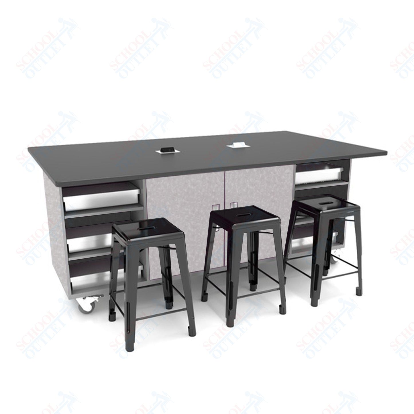 CEF ED Double Table 42"H Tough Top, Laminate Base with  6 Stools, Storage bins, and Electrical Outlets Included.