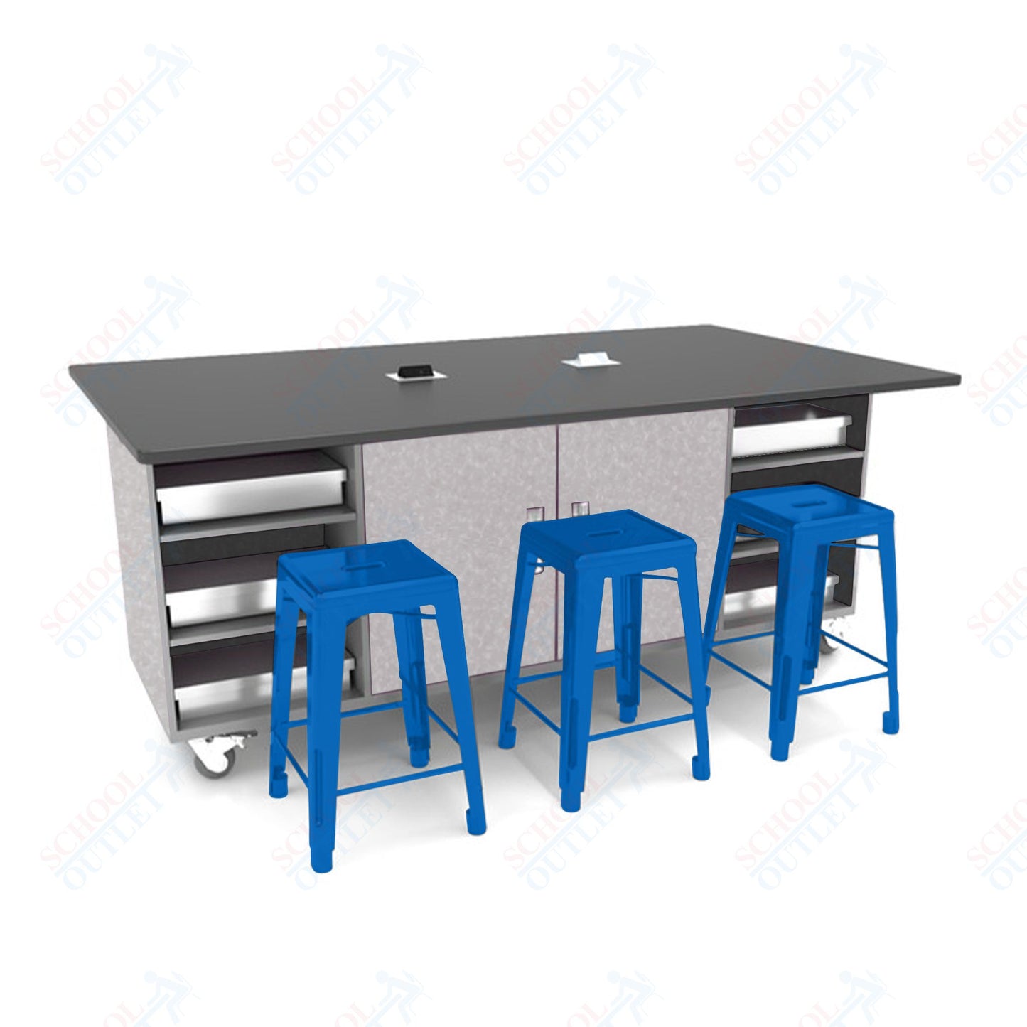 CEF ED Double Table 42"H Tough Top, Laminate Base with  6 Stools, Storage bins, and Electrical Outlets Included.