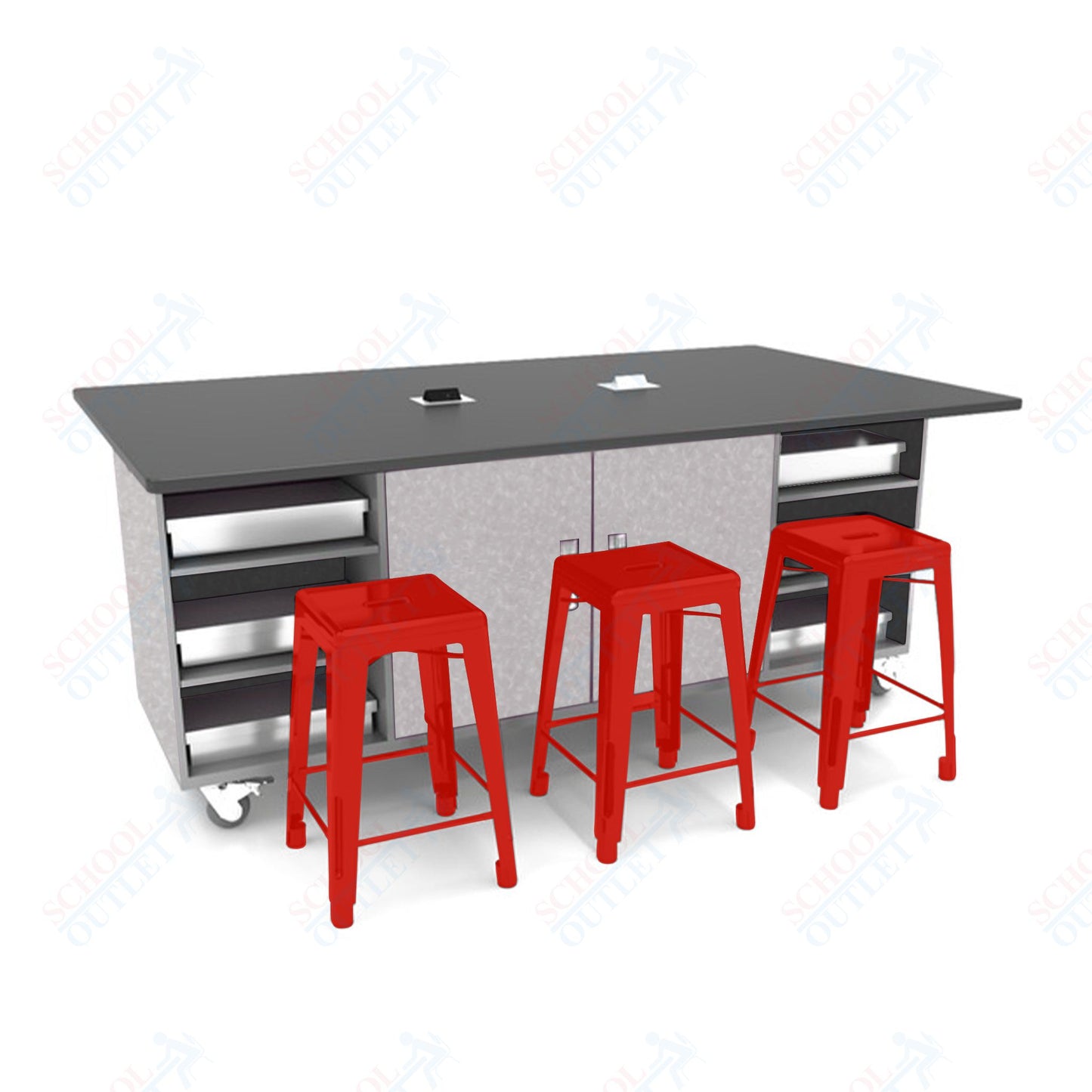 CEF ED Double Table 42"H Tough Top, Laminate Base with  6 Stools, Storage bins, and Electrical Outlets Included.