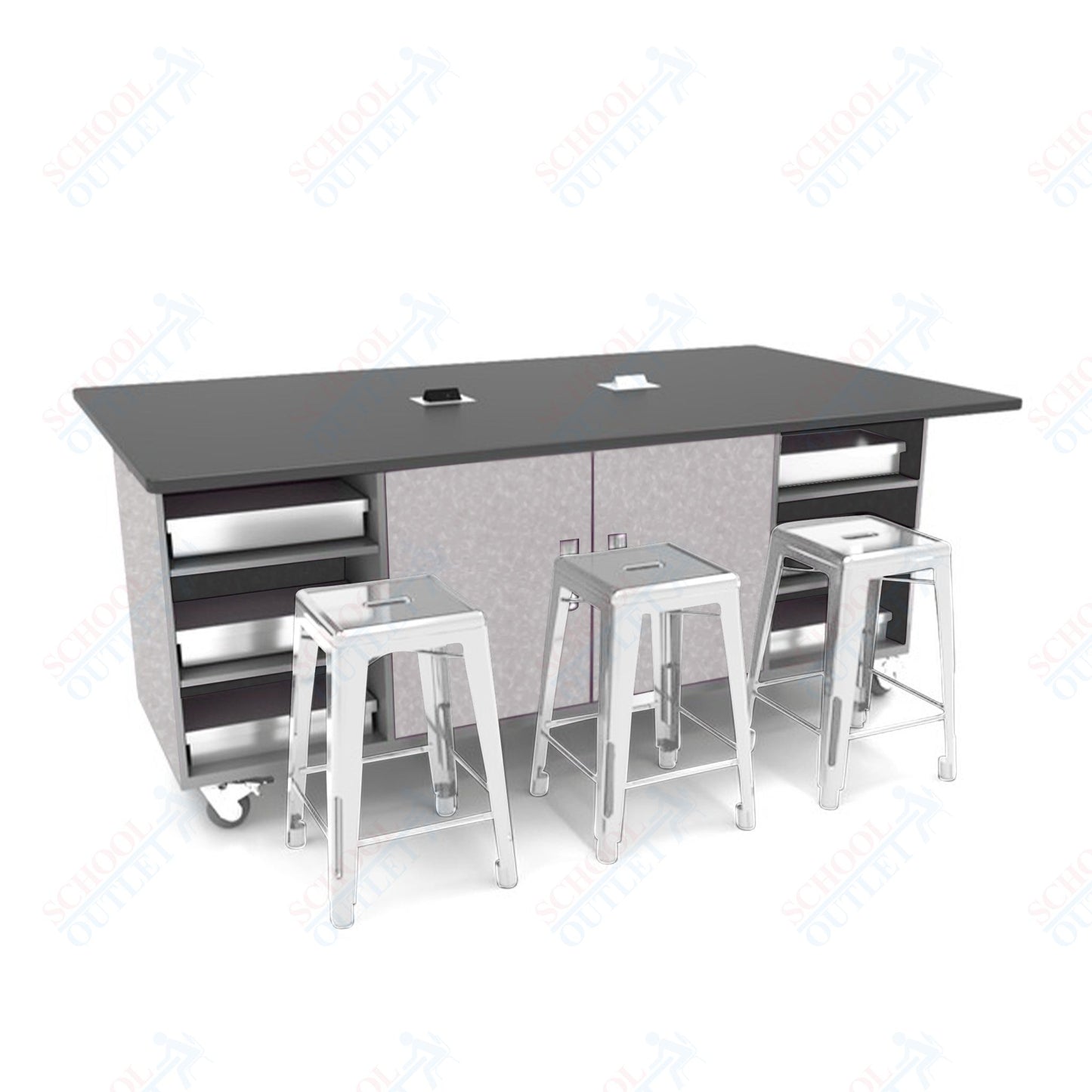 CEF ED Double Table 42"H Tough Top, Laminate Base with  6 Stools, Storage bins, and Electrical Outlets Included.