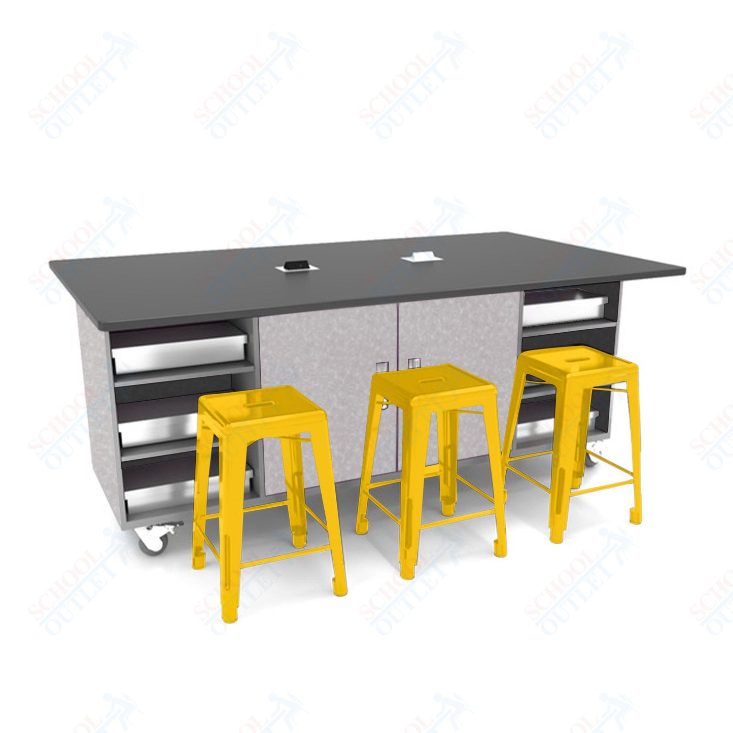 CEF ED Double Table 42"H Tough Top, Laminate Base with  6 Stools, Storage bins, and Electrical Outlets Included.