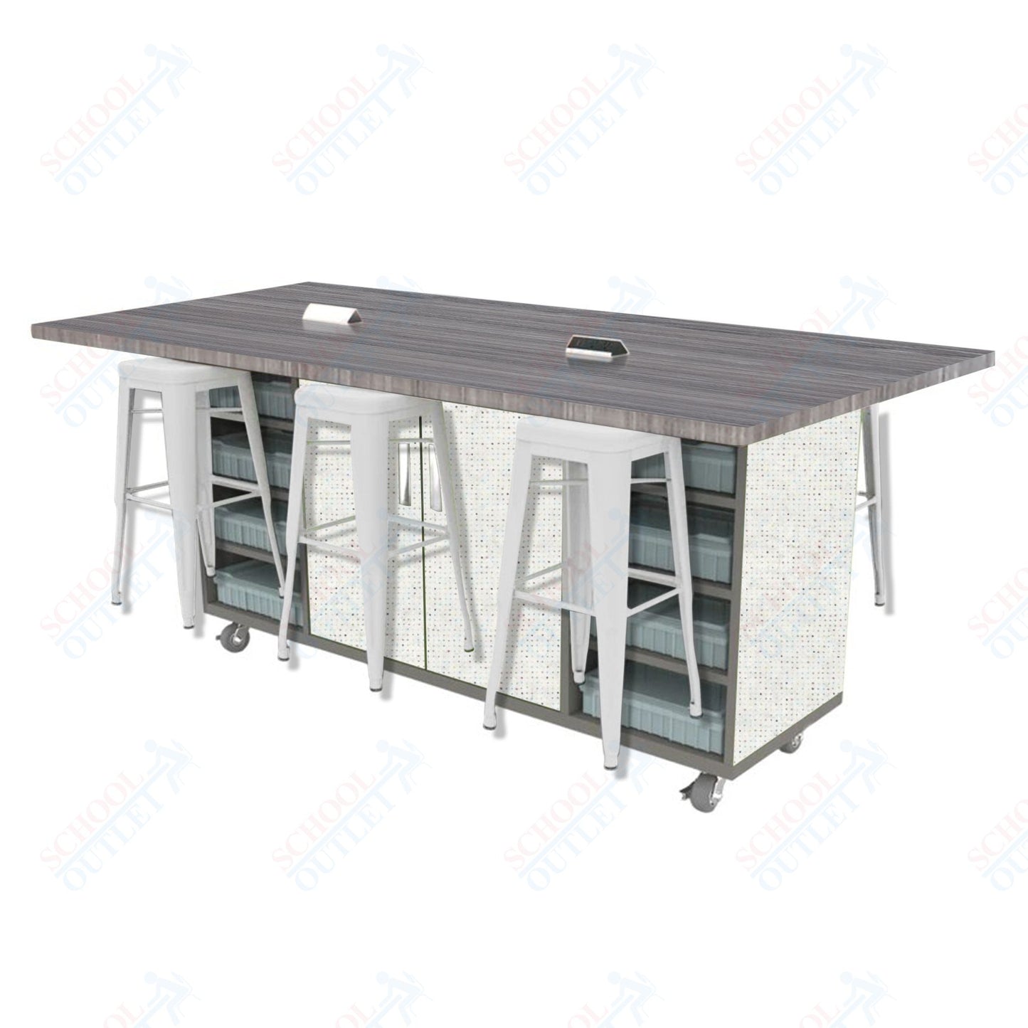 CEF ED Double Table 42"H High Pressure Laminate Top, Laminate Base with 6 Stools, Storage bins, and Electrical Outlets Included.