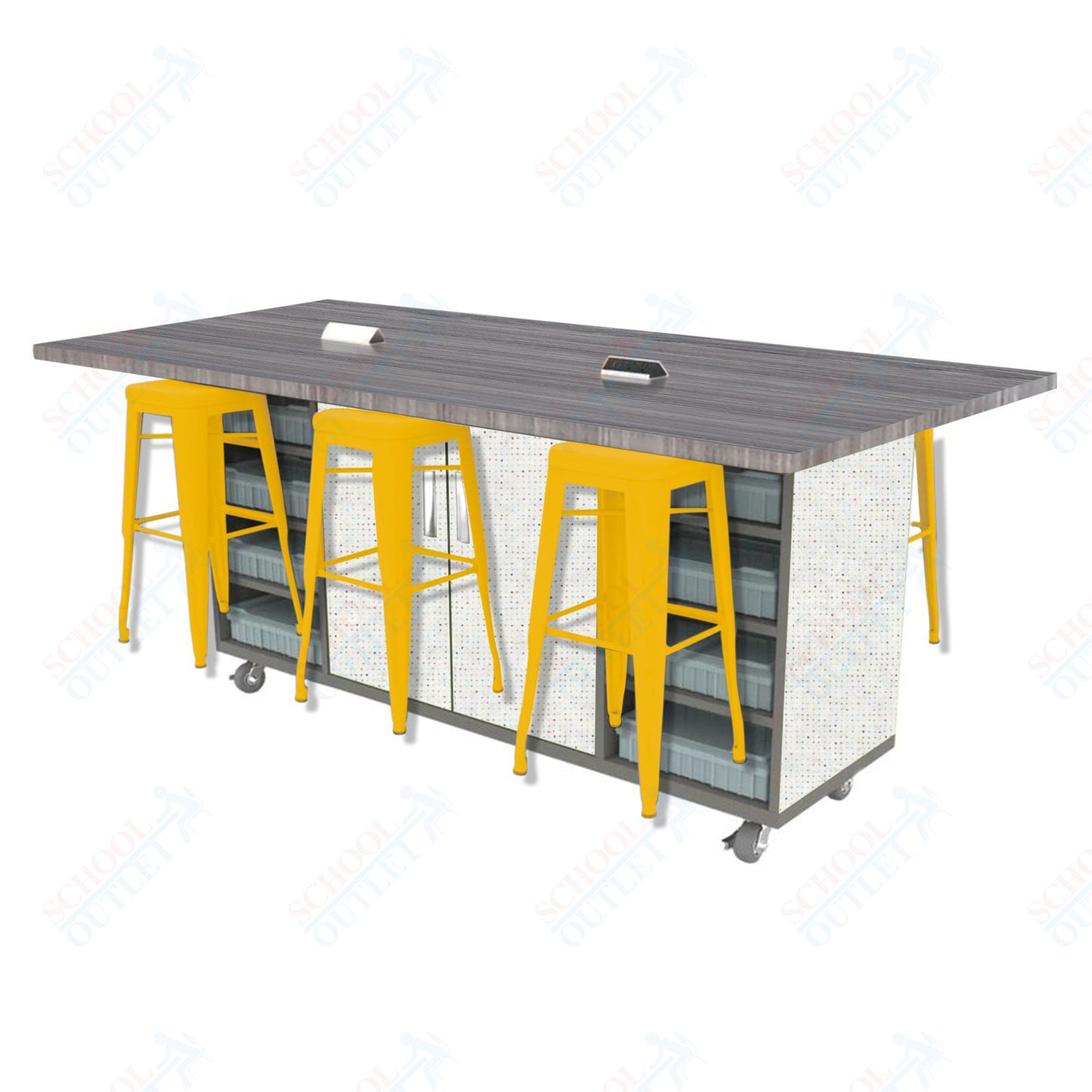 CEF ED Double Table 42"H High Pressure Laminate Top, Laminate Base with 6 Stools, Storage bins, and Electrical Outlets Included.