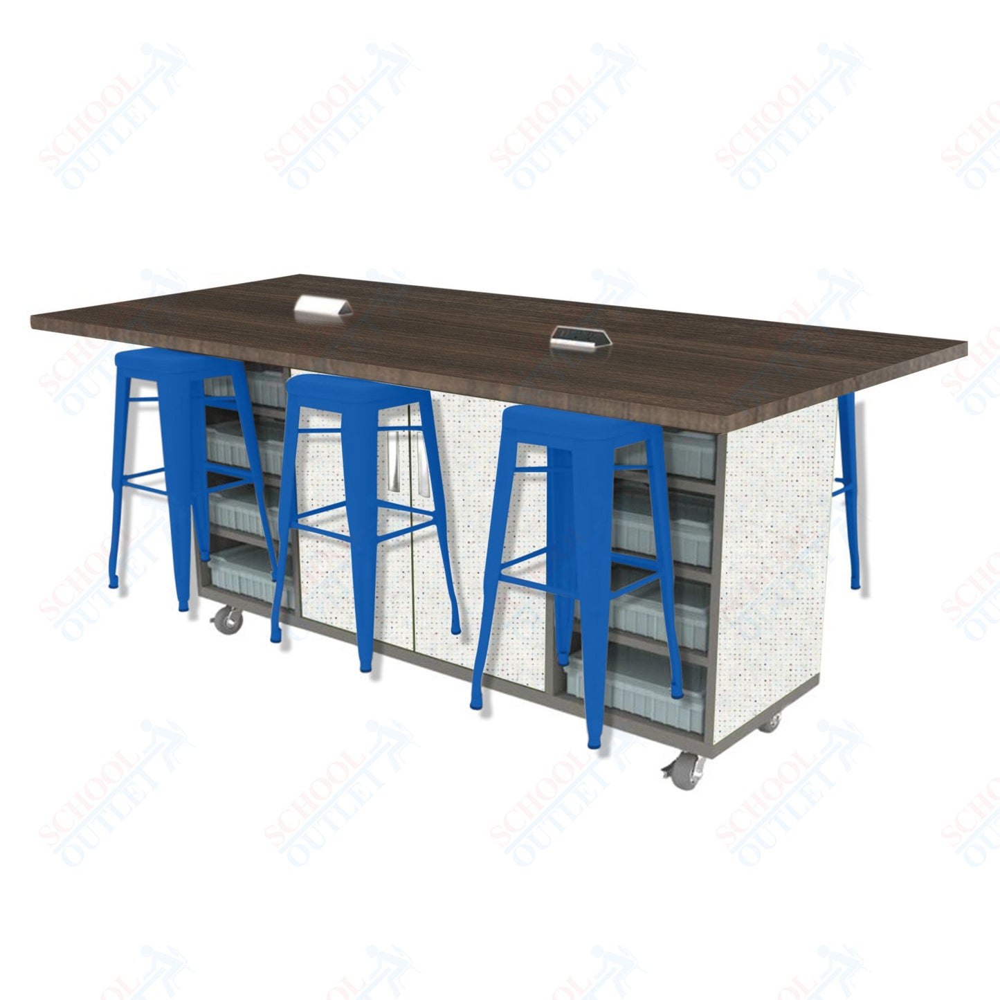 CEF ED Double Table 42"H High Pressure Laminate Top, Laminate Base with 6 Stools, Storage bins, and Electrical Outlets Included.