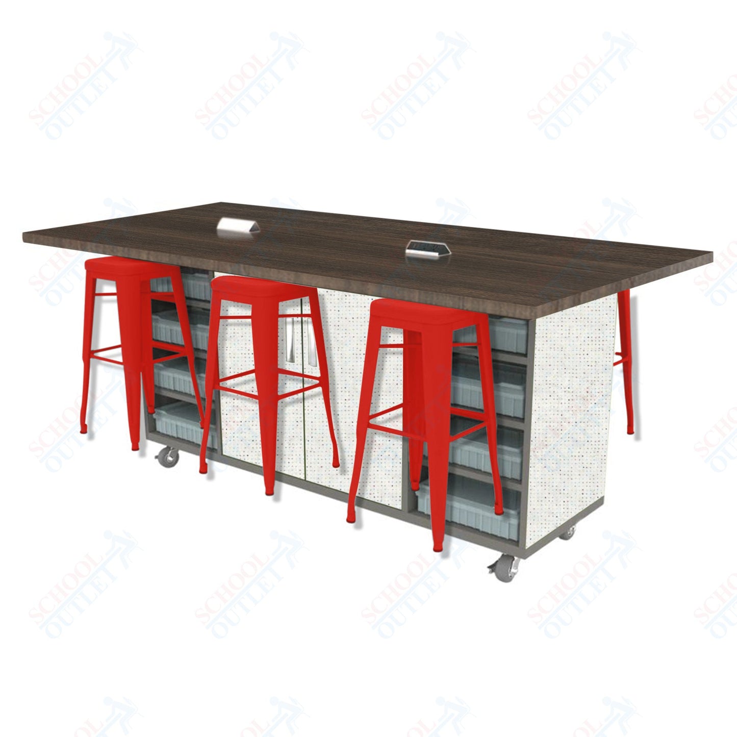 CEF ED Double Table 42"H High Pressure Laminate Top, Laminate Base with 6 Stools, Storage bins, and Electrical Outlets Included.