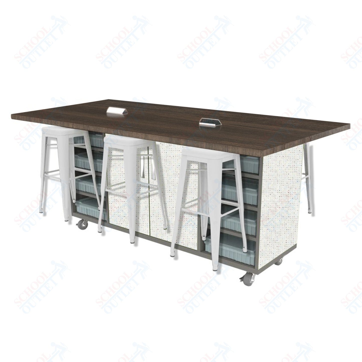 CEF ED Double Table 42"H High Pressure Laminate Top, Laminate Base with 6 Stools, Storage bins, and Electrical Outlets Included.