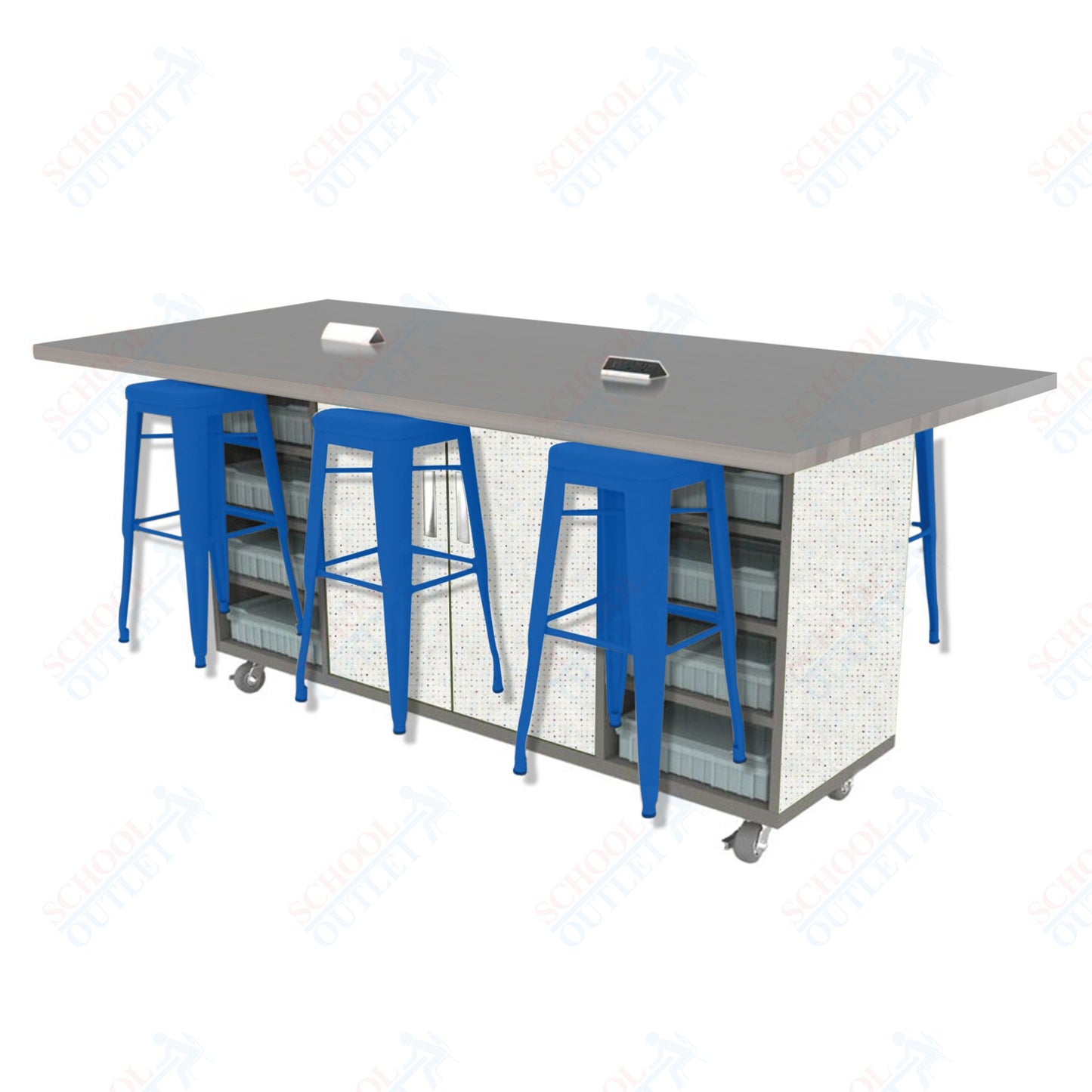 CEF ED Double Table 42"H High Pressure Laminate Top, Laminate Base with 6 Stools, Storage bins, and Electrical Outlets Included.