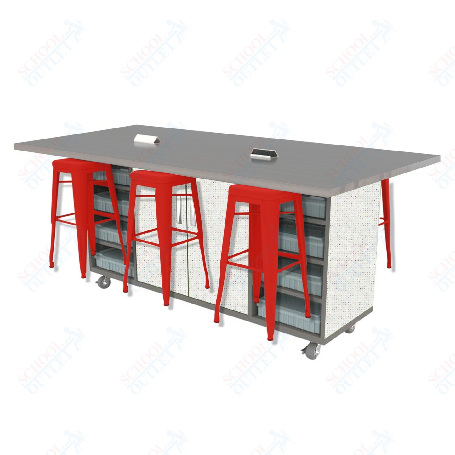 CEF ED Double Table 42"H High Pressure Laminate Top, Laminate Base with 6 Stools, Storage bins, and Electrical Outlets Included.