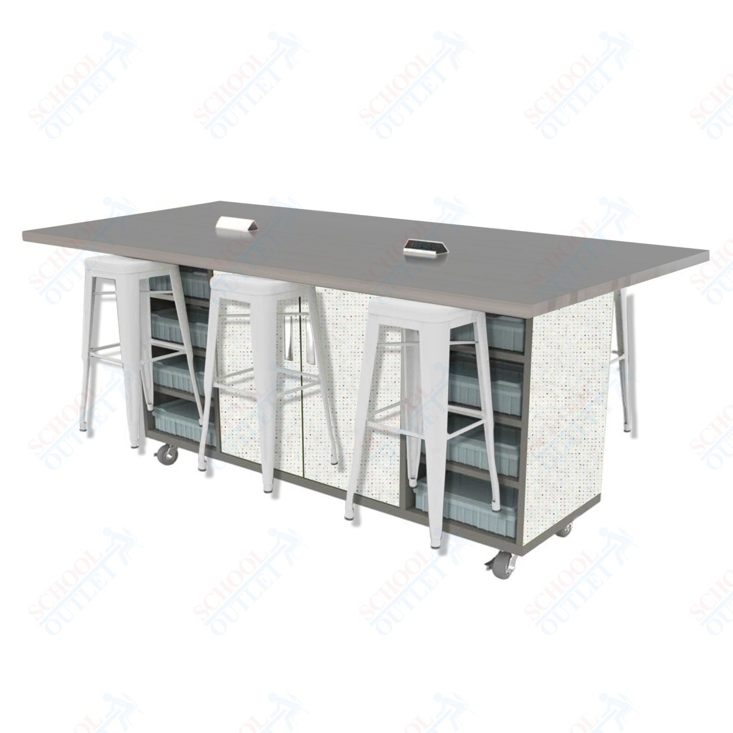 CEF ED Double Table 42"H High Pressure Laminate Top, Laminate Base with 6 Stools, Storage bins, and Electrical Outlets Included.