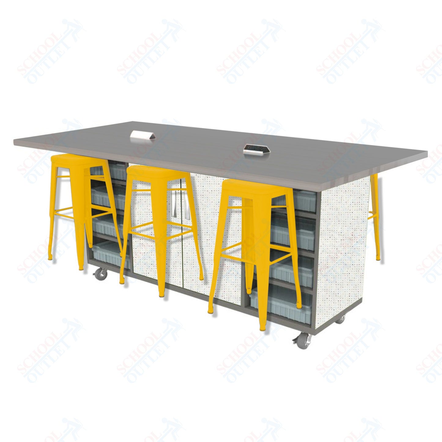 CEF ED Double Table 42"H High Pressure Laminate Top, Laminate Base with 6 Stools, Storage bins, and Electrical Outlets Included.