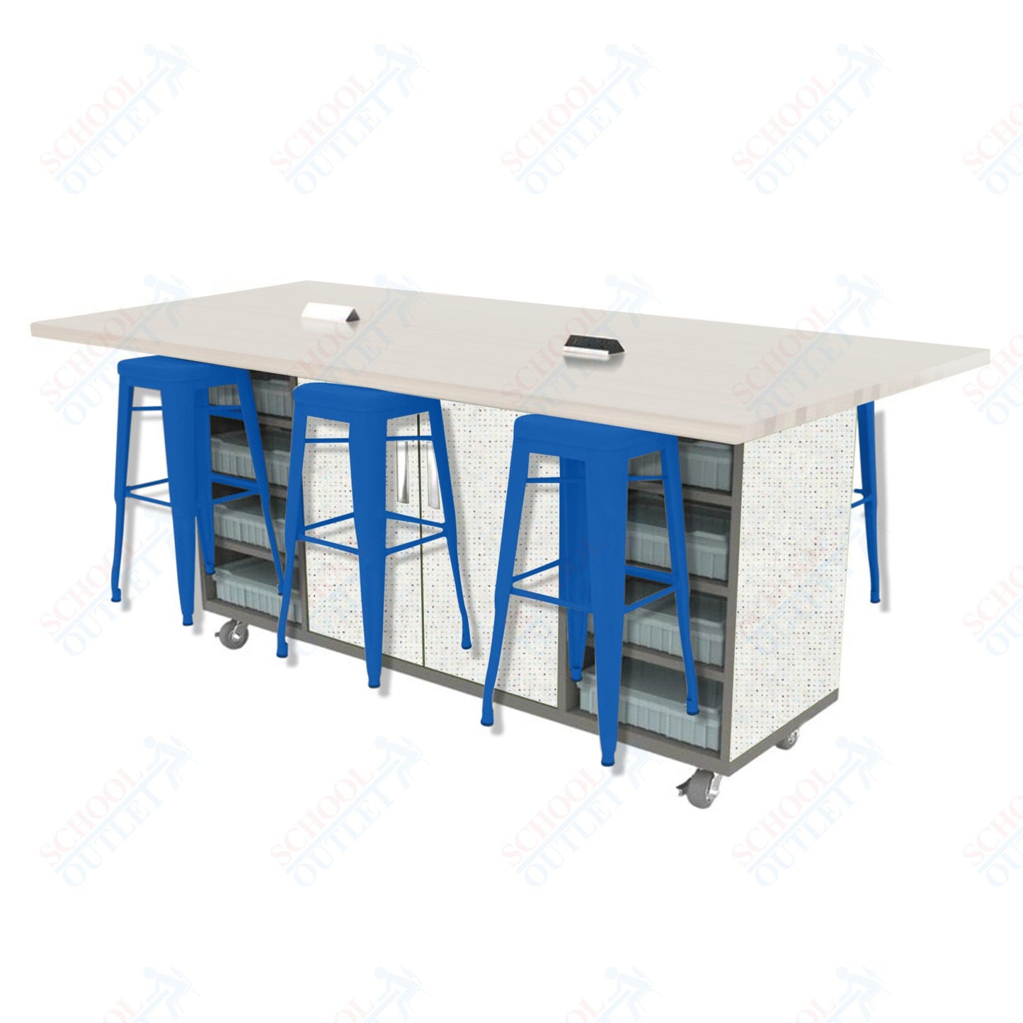 CEF ED Double Table 42"H High Pressure Laminate Top, Laminate Base with 6 Stools, Storage bins, and Electrical Outlets Included.
