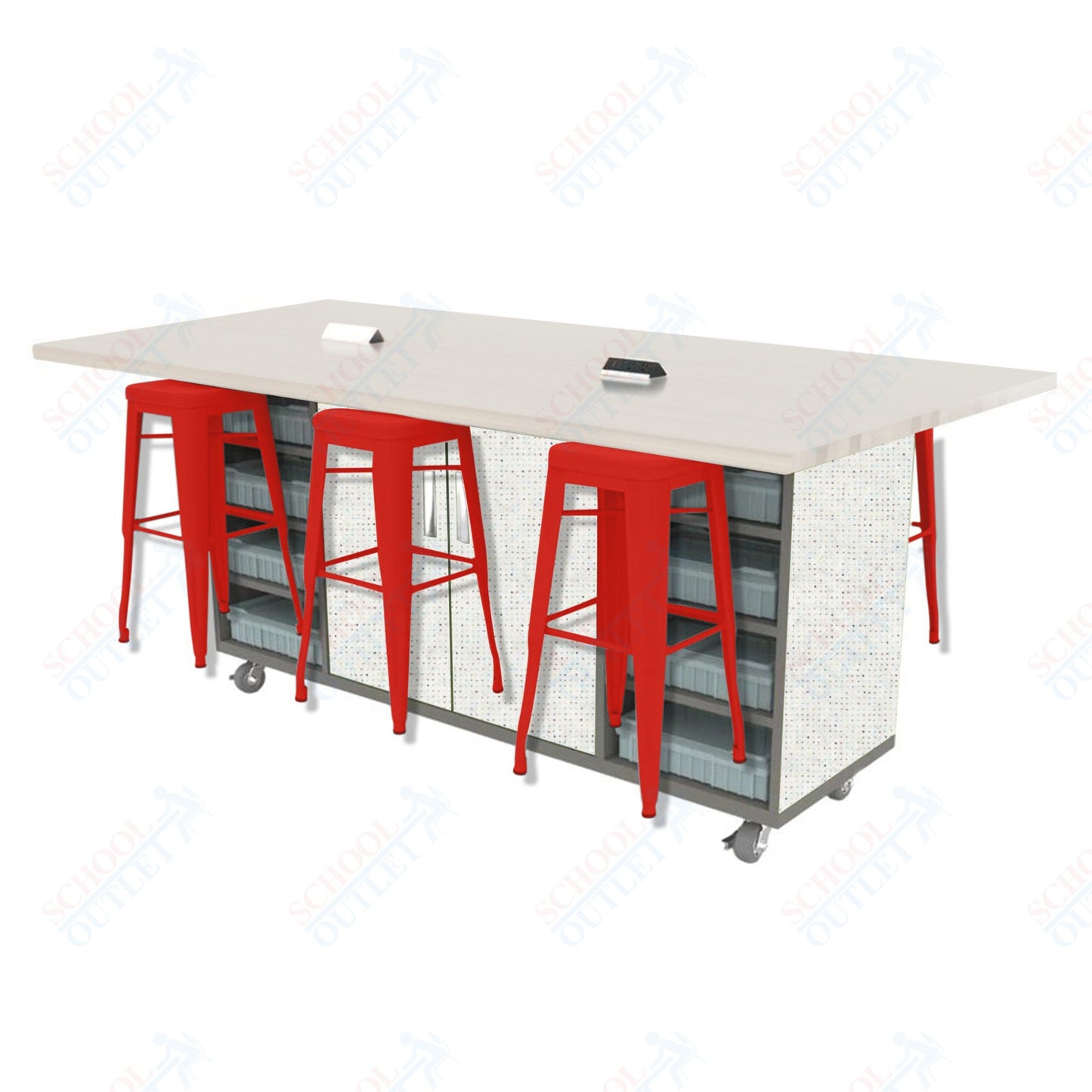 CEF ED Double Table 42"H High Pressure Laminate Top, Laminate Base with 6 Stools, Storage bins, and Electrical Outlets Included.