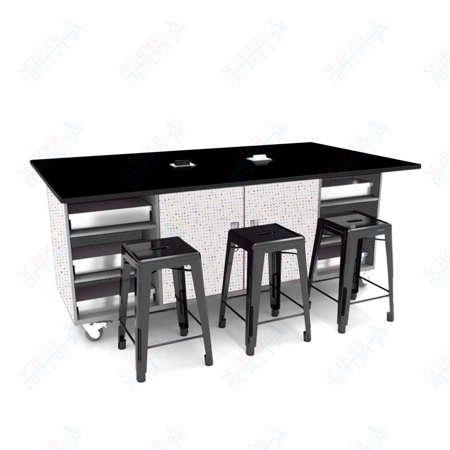 CEF ED Double Table 42"H Tough Top, Laminate Base with  6 Stools, Storage bins, and Electrical Outlets Included.