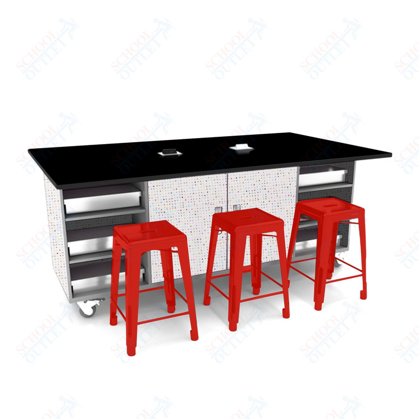 CEF ED Double Table 42"H Tough Top, Laminate Base with  6 Stools, Storage bins, and Electrical Outlets Included.