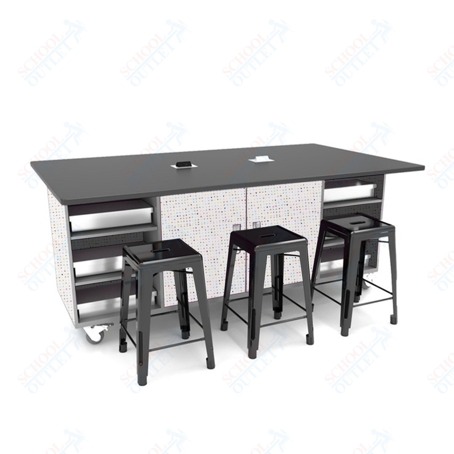 CEF ED Double Table 42"H Tough Top, Laminate Base with  6 Stools, Storage bins, and Electrical Outlets Included.
