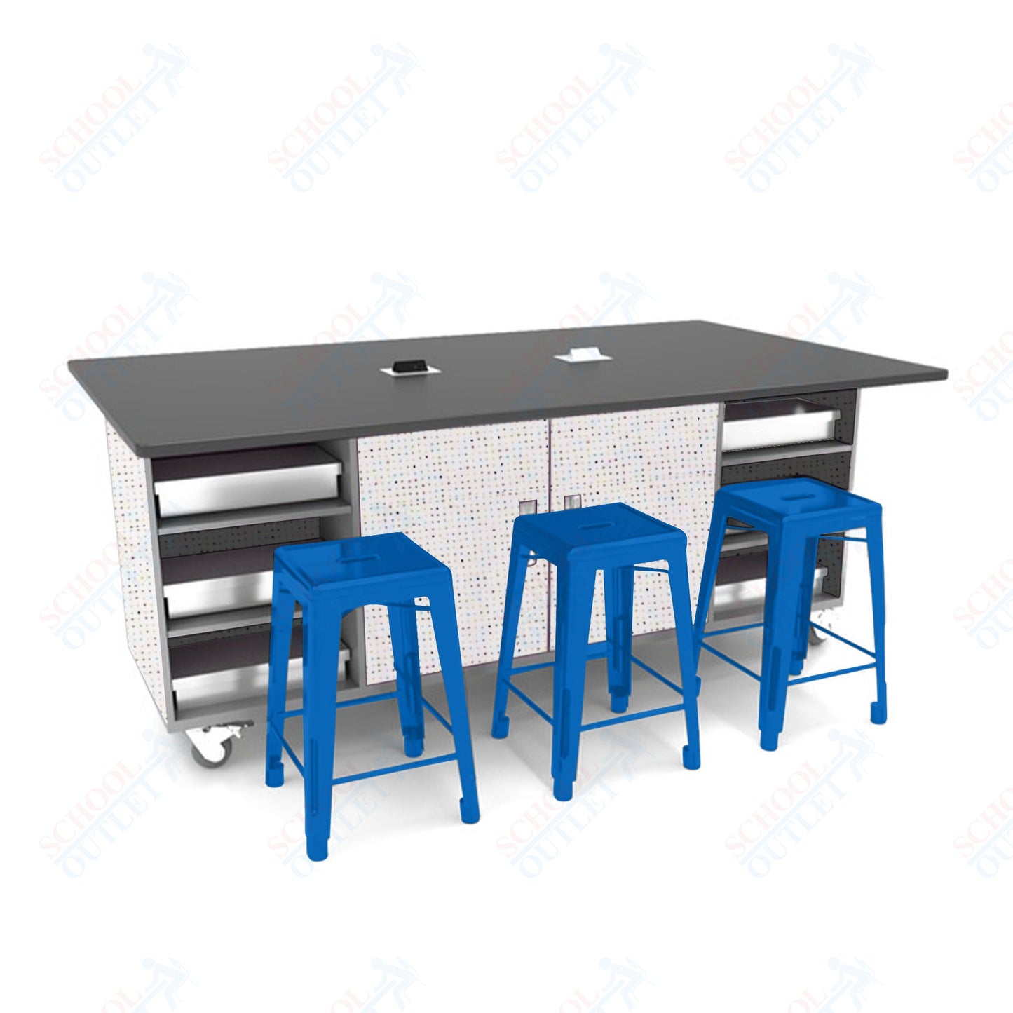 CEF ED Double Table 42"H Tough Top, Laminate Base with  6 Stools, Storage bins, and Electrical Outlets Included.
