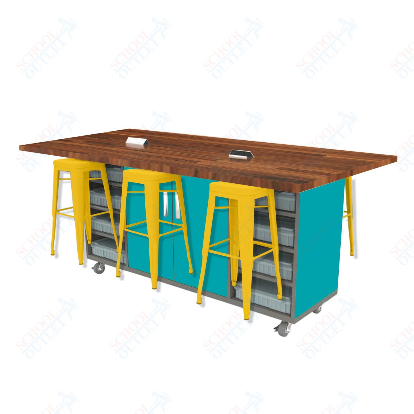CEF ED Double Table 42"H Butcher Block Top, Laminate Base with 6 Stools, Storage bins, and Electrical Outlets Included.