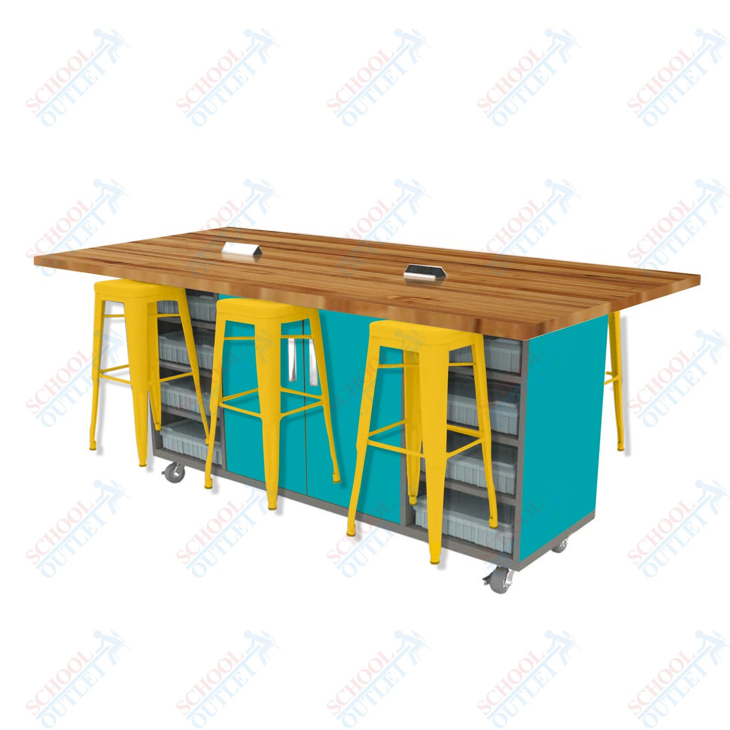CEF ED Double Table 42"H Butcher Block Top, Laminate Base with  6 Stools, Storage bins, and Electrical Outlets Included.