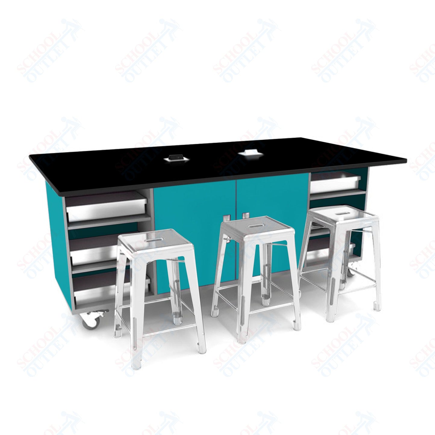 CEF ED Double Table 42"H Tough Top, Laminate Base with  6 Stools, Storage bins, and Electrical Outlets Included.