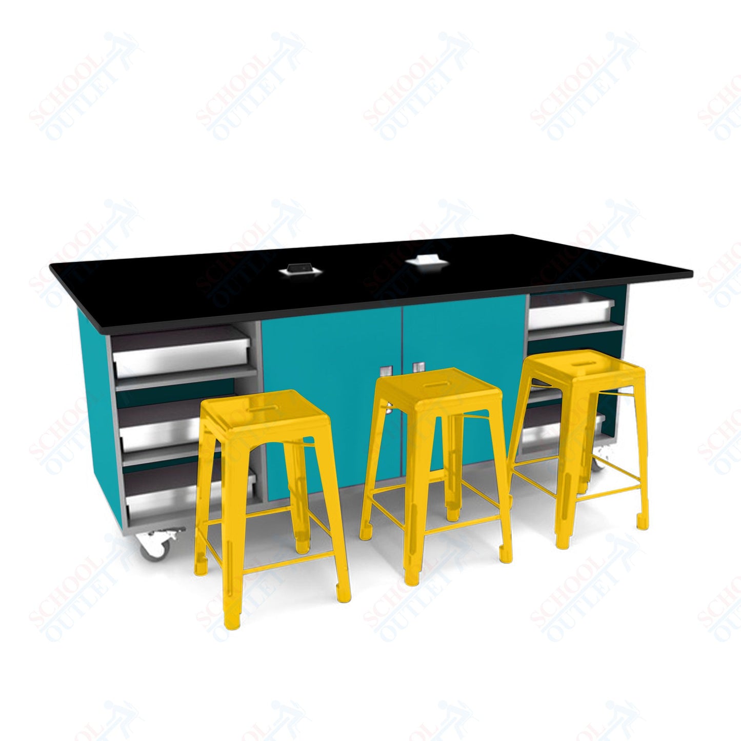 CEF ED Double Table 42"H Tough Top, Laminate Base with  6 Stools, Storage bins, and Electrical Outlets Included.