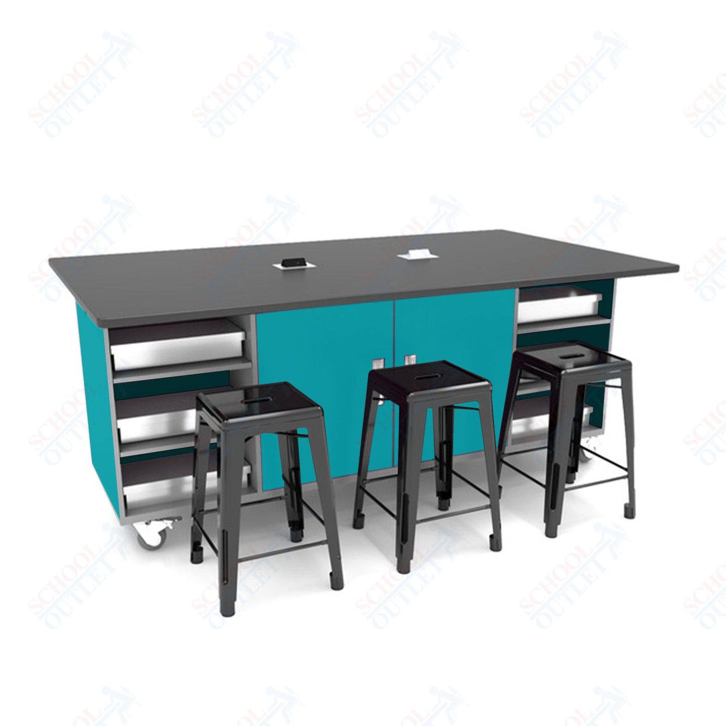 CEF ED Double Table 42"H Tough Top, Laminate Base with  6 Stools, Storage bins, and Electrical Outlets Included.