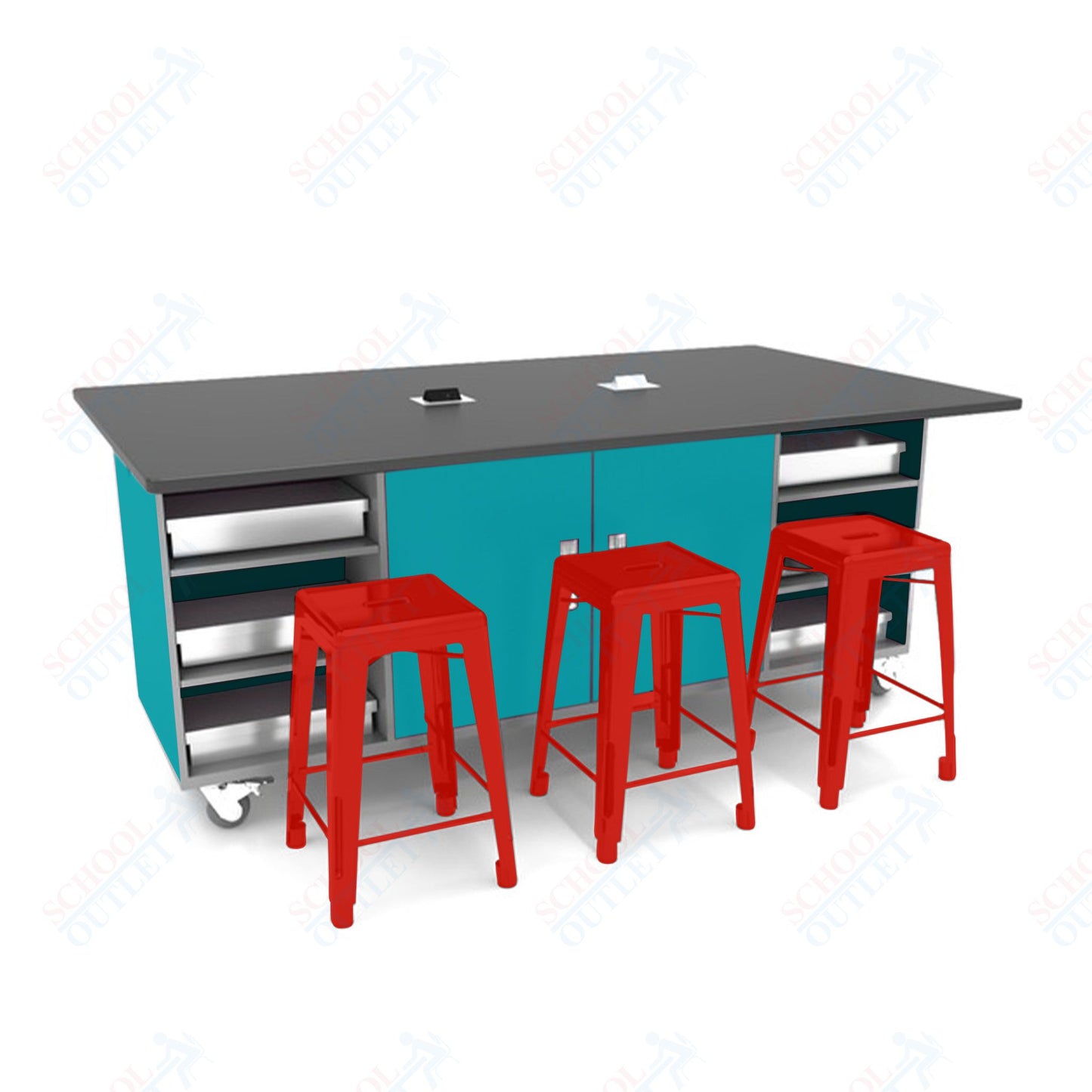 CEF ED Double Table 42"H Tough Top, Laminate Base with  6 Stools, Storage bins, and Electrical Outlets Included.