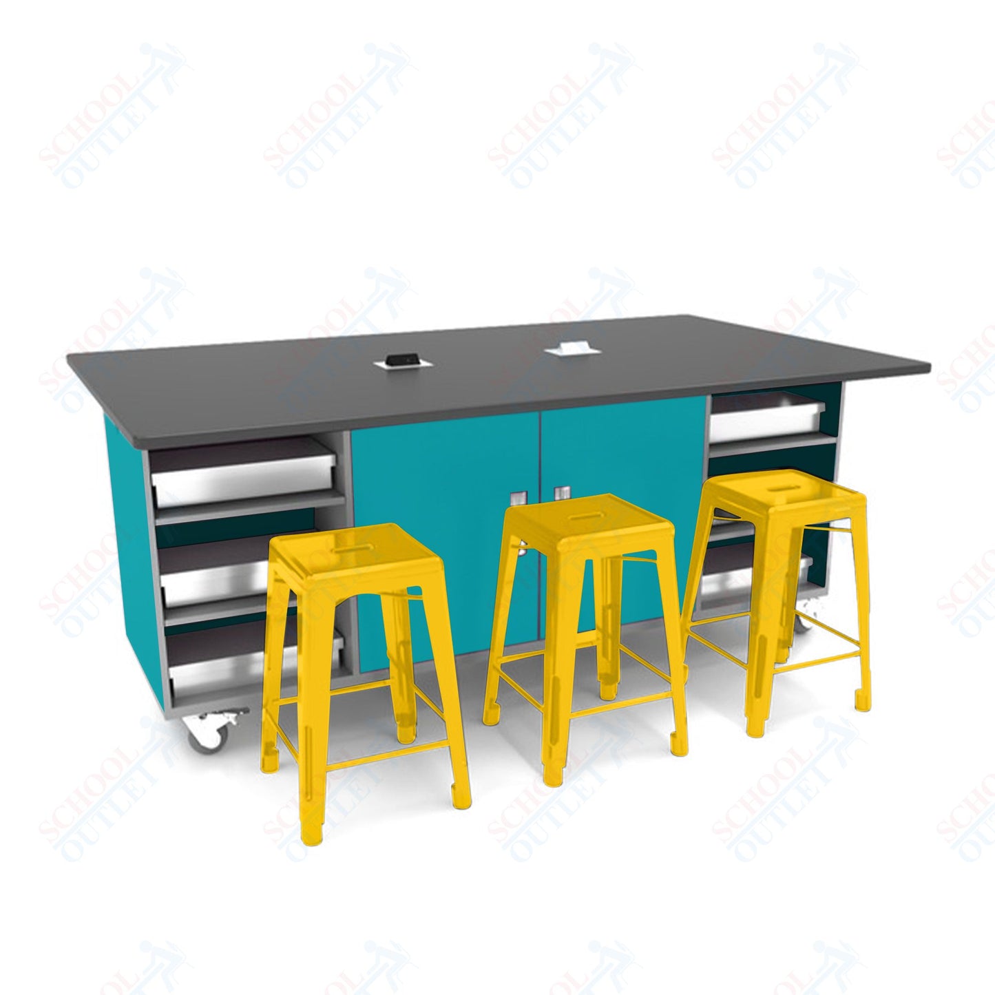 CEF ED Double Table 42"H Tough Top, Laminate Base with  6 Stools, Storage bins, and Electrical Outlets Included.