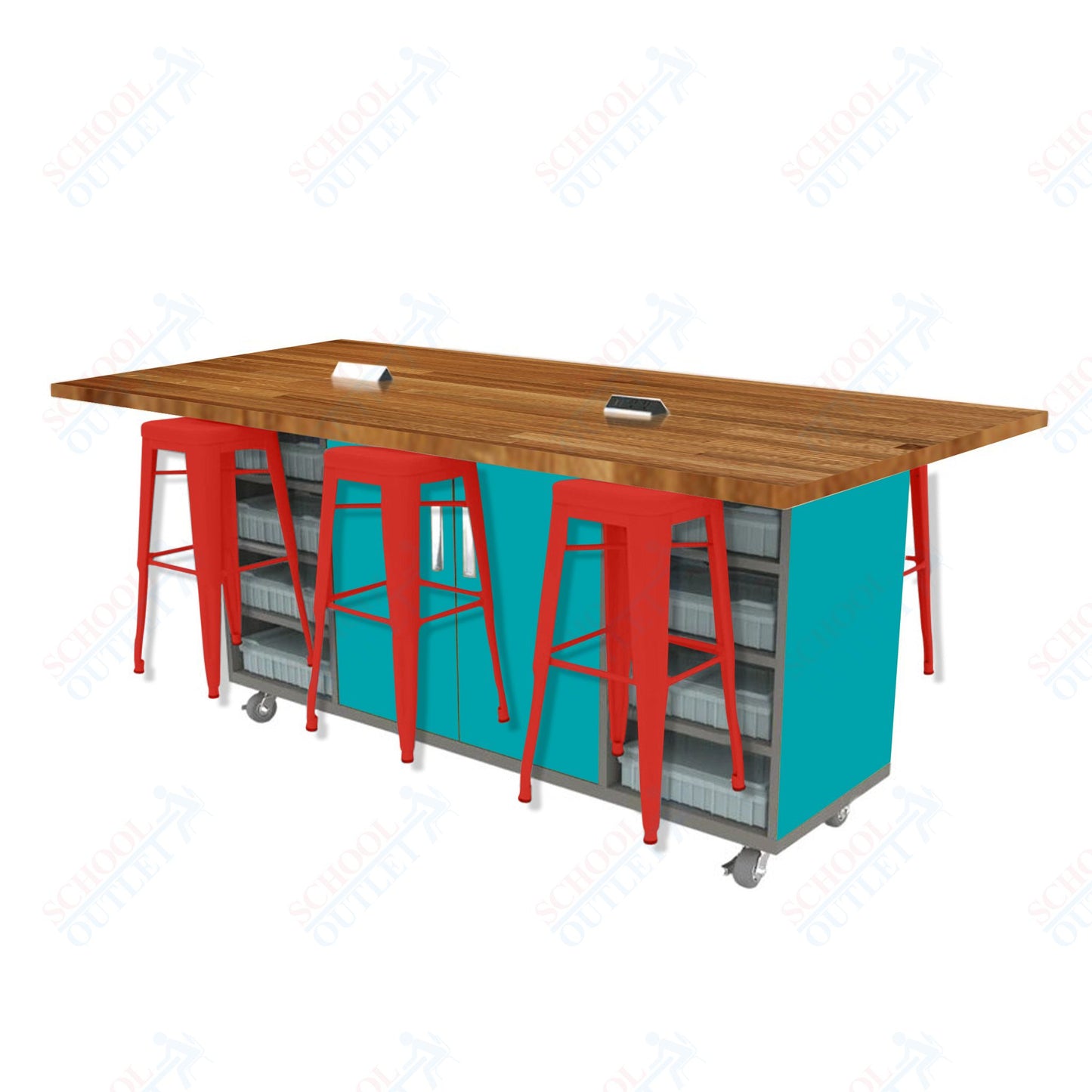 CEF ED Double Table 42"H Butcher Block Top, Laminate Base with 6 Stools, Storage bins, and Electrical Outlets Included.