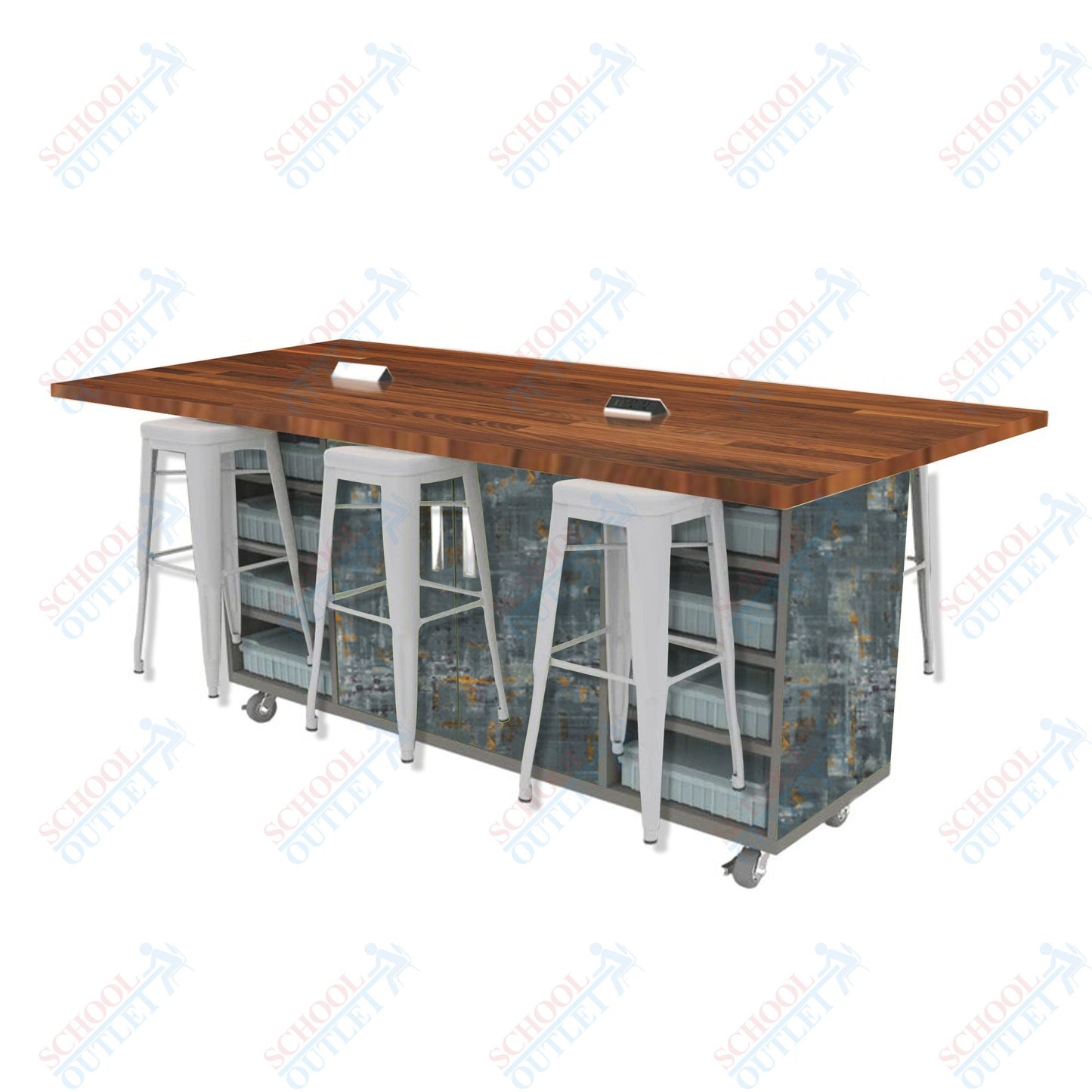 CEF ED Double Table 42"H Butcher Block Top, Laminate Base with 6 Stools, Storage bins, and Electrical Outlets Included.