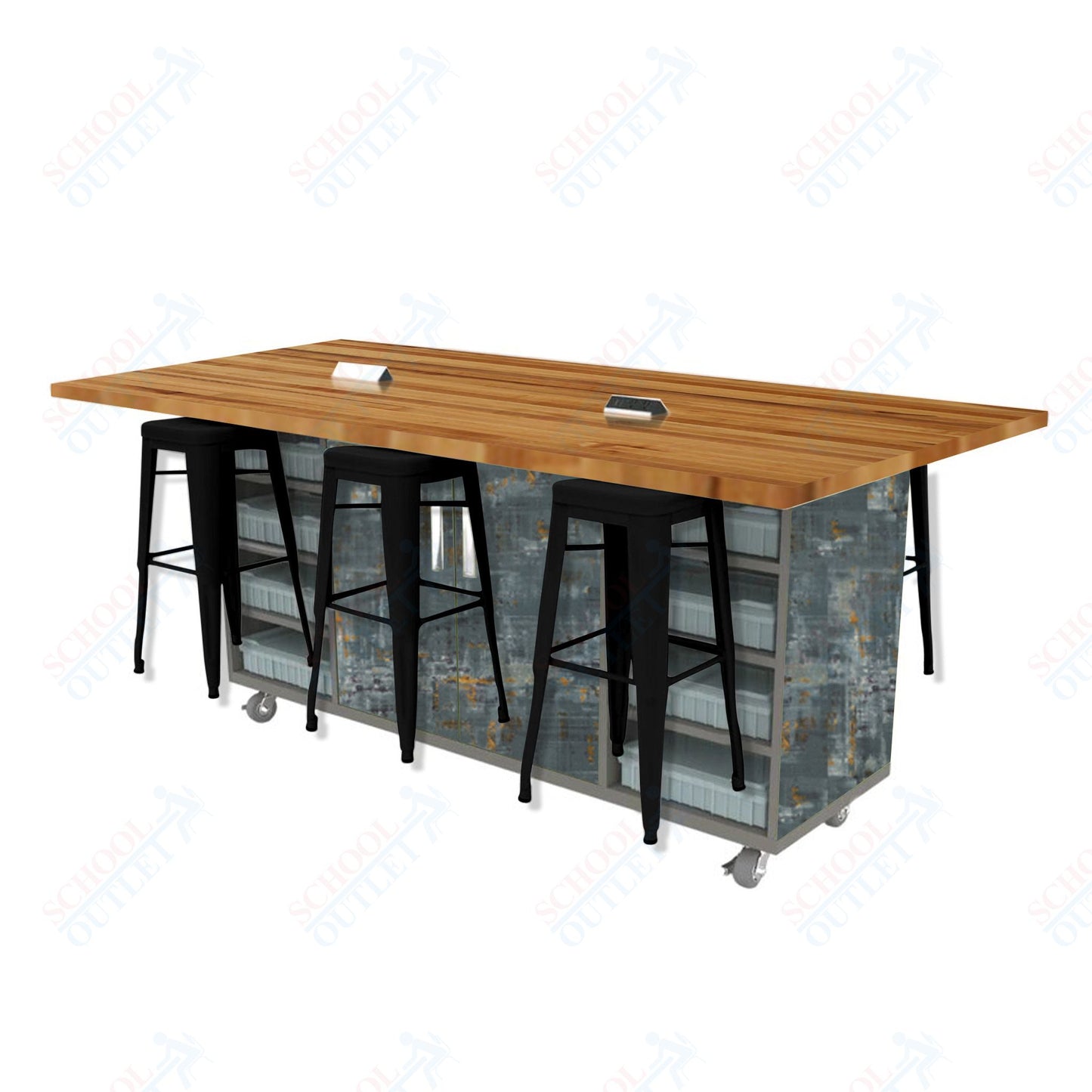 CEF ED Double Table 42"H Butcher Block Top, Laminate Base with 6 Stools, Storage bins, and Electrical Outlets Included.