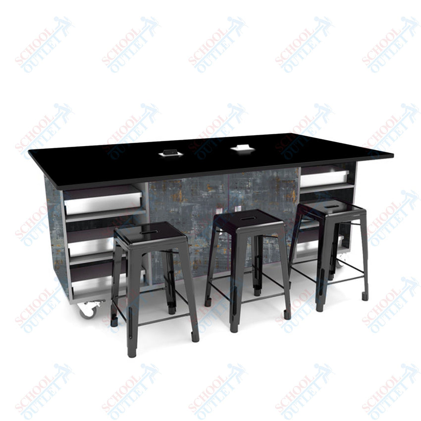 CEF ED Double Table 42"H Tough Top, Laminate Base with 6 Stools, Storage bins, and Electrical Outlets Included. - SchoolOutlet