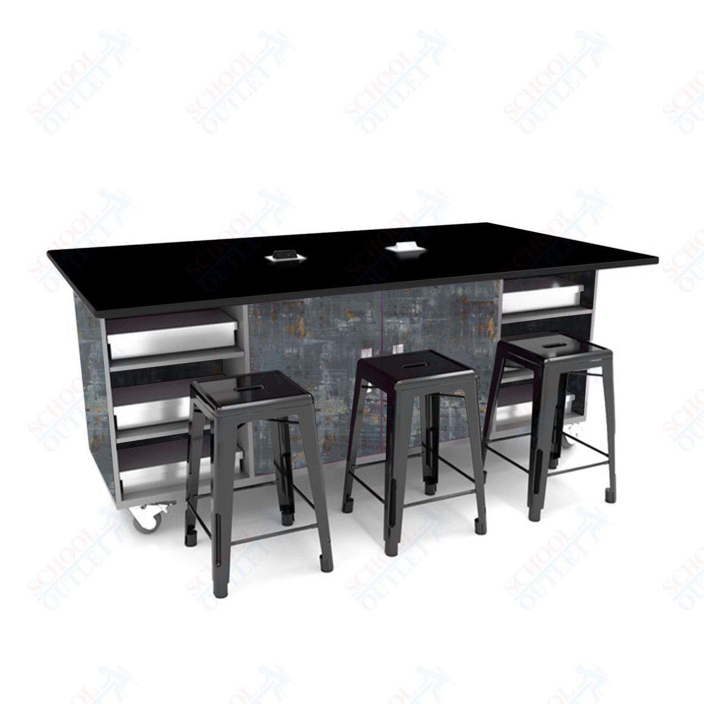 CEF ED Double Table 42"H Tough Top, Laminate Base with  6 Stools, Storage bins, and Electrical Outlets Included.