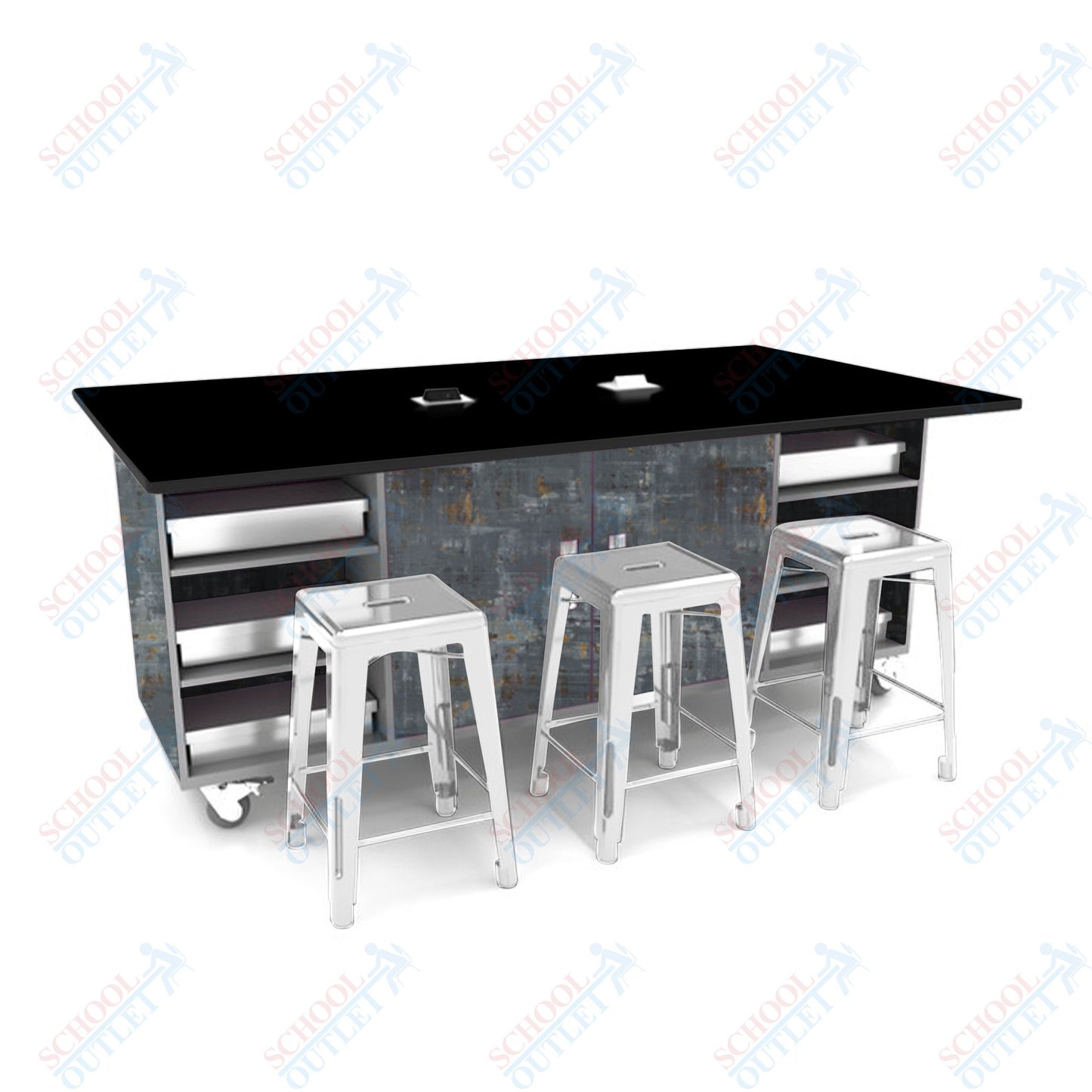 CEF ED Double Table 42"H Tough Top, Laminate Base with 6 Stools, Storage bins, and Electrical Outlets Included. - SchoolOutlet