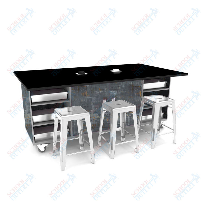 CEF ED Double Table 42"H Tough Top, Laminate Base with 6 Stools, Storage bins, and Electrical Outlets Included. - SchoolOutlet