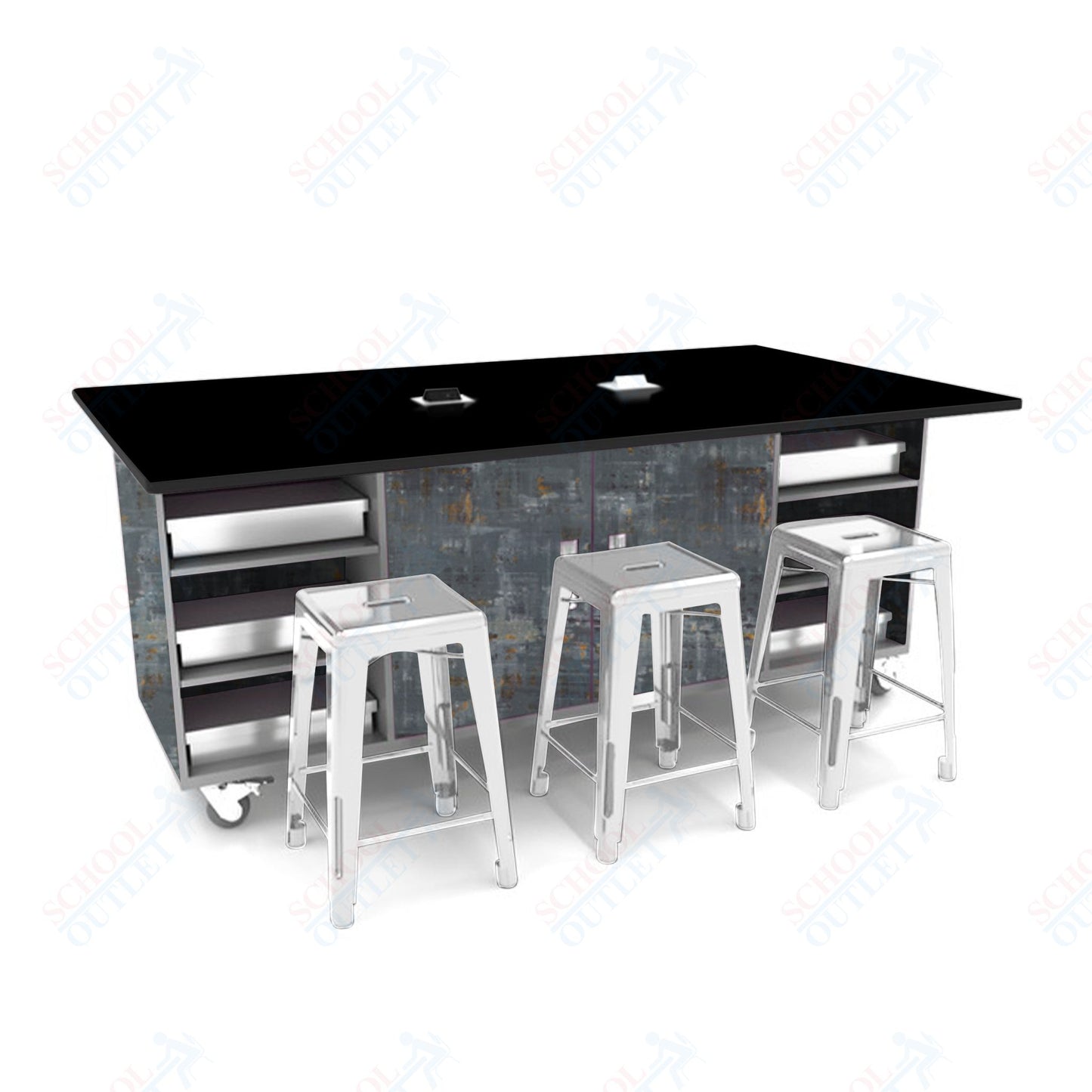 CEF ED Double Table 42"H Tough Top, Laminate Base with  6 Stools, Storage bins, and Electrical Outlets Included.