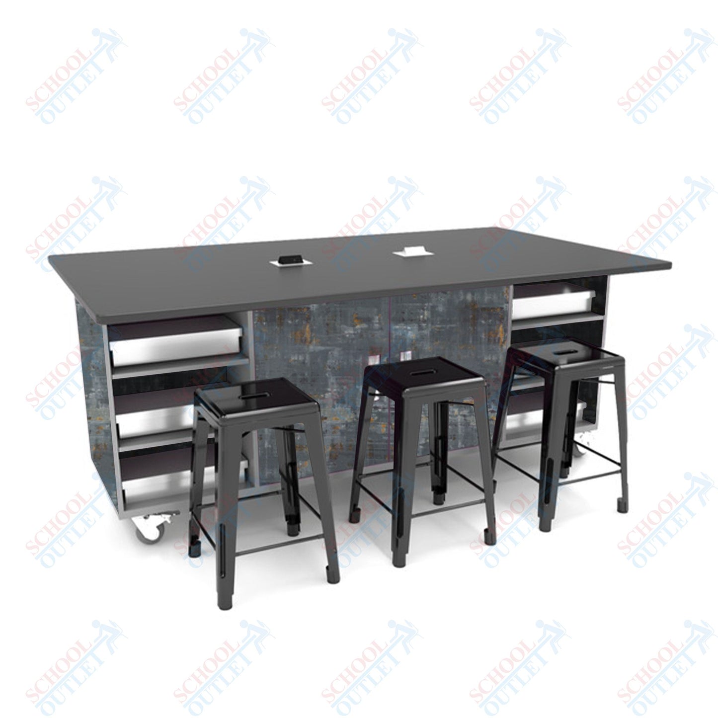 CEF ED Double Table 42"H Tough Top, Laminate Base with 6 Stools, Storage bins, and Electrical Outlets Included. - SchoolOutlet
